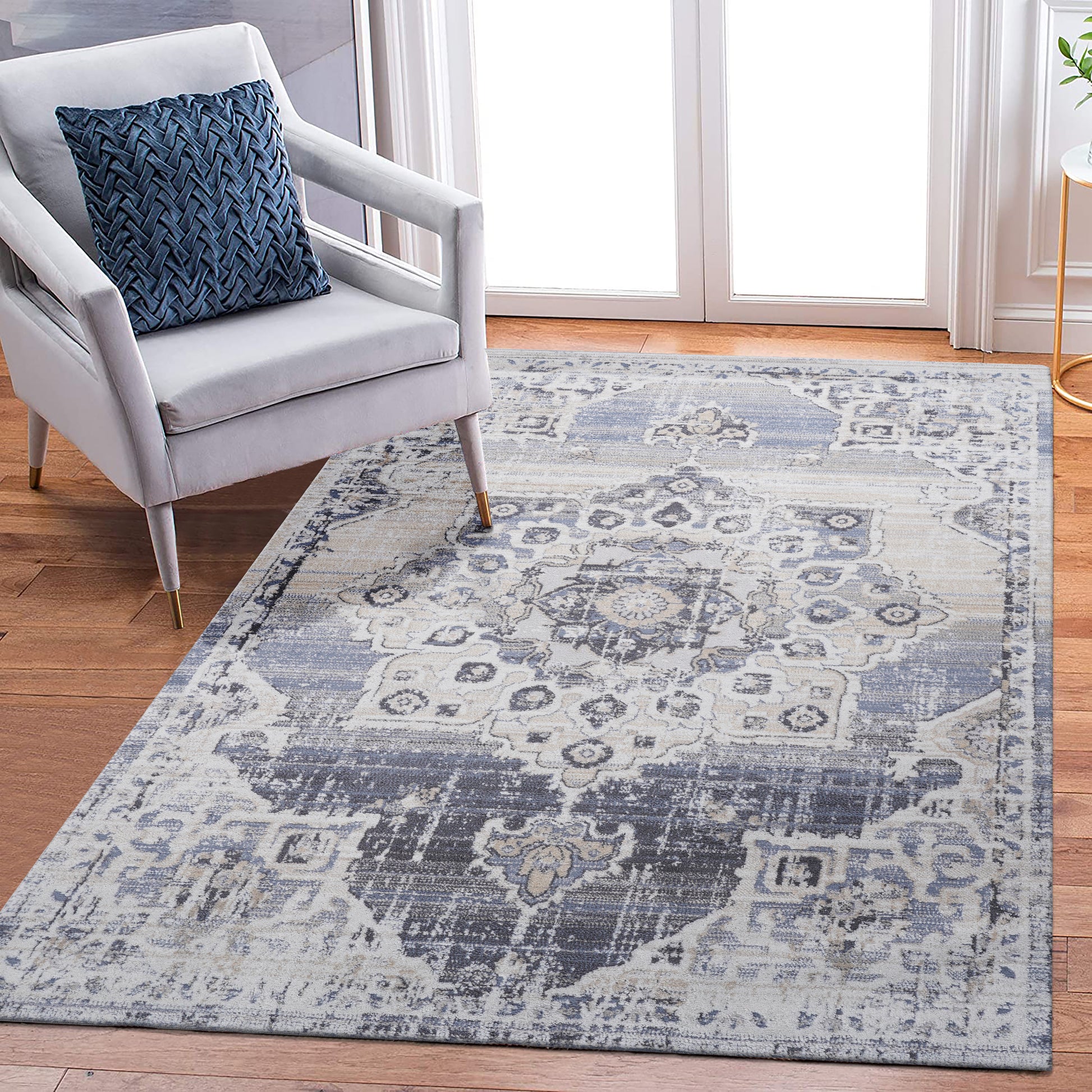 LOOM & LUXE Collection 5X7 Cream/Blue /Medallion Non-Shedding Living Room Bedroom Dining Home Office Stylish and Stain Resistant Area Rug