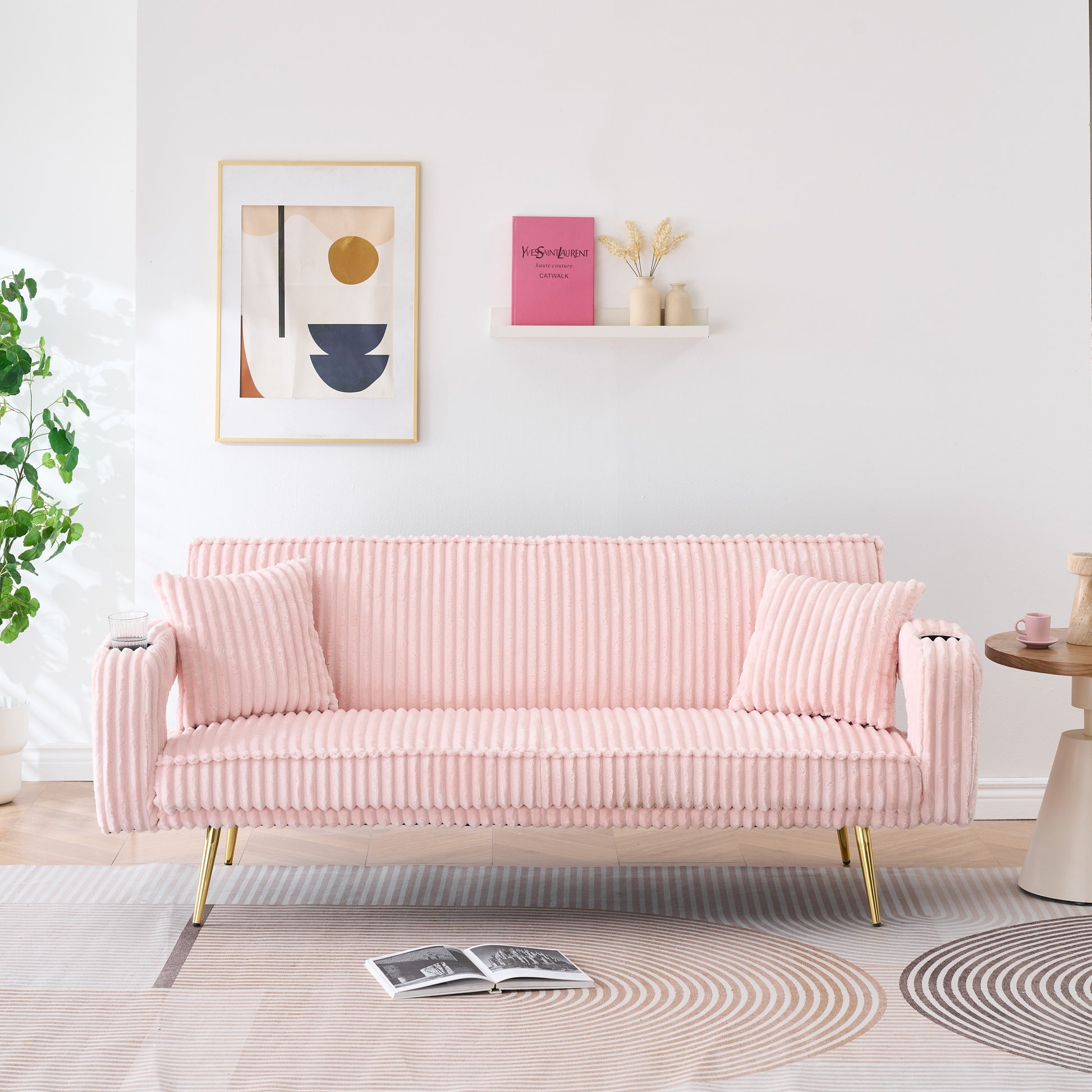 The straight-row white corduroy sofa with throw pillows, featuring a minimalist style, is suitable for the living room and study