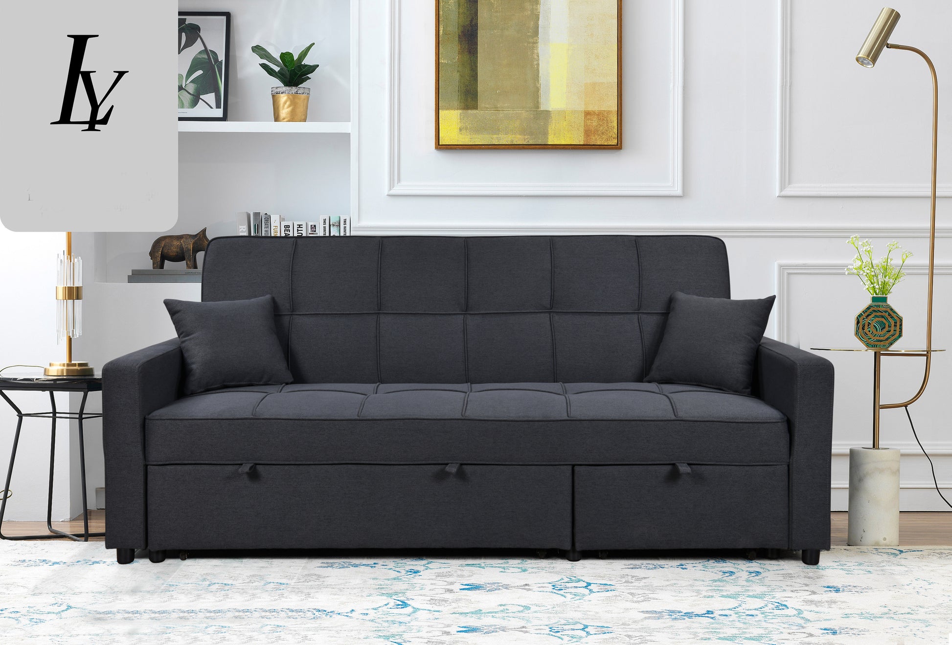 83' Oversized Upholstered Sofa Bed W/Pull Out Couch Bed & Adjustable Backrest,3 Seaters Sofa & Couch Convertible Sleep Sofabed for Home Apartment Living Room,Light Gray,Dark Blue