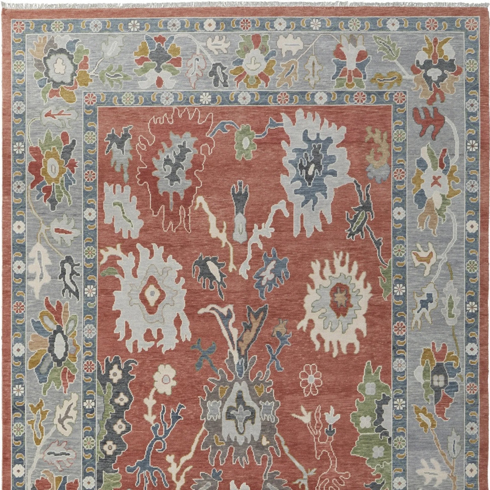 8' X 10' Gray Red and Ivory Wool Floral Hand Knotted Area Rug With Fringe