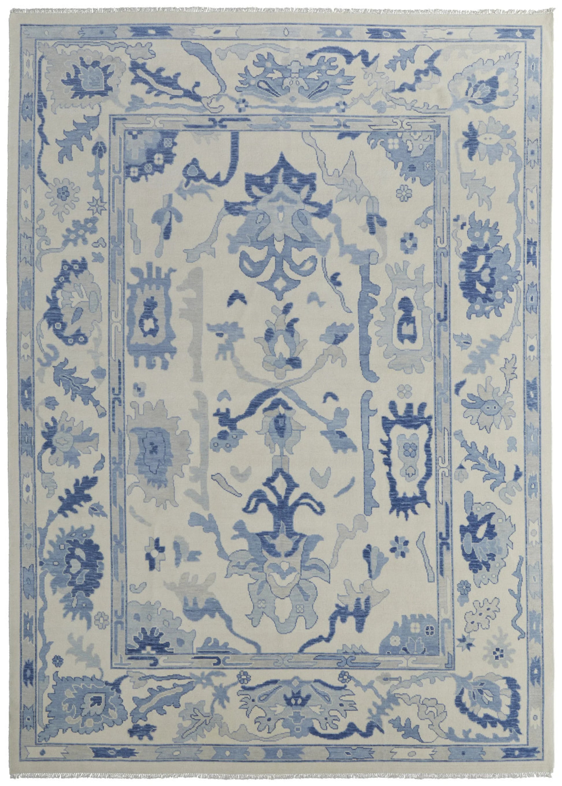 8' X 10' Ivory and Blue Wool Floral Hand Knotted Area Rug With Fringe