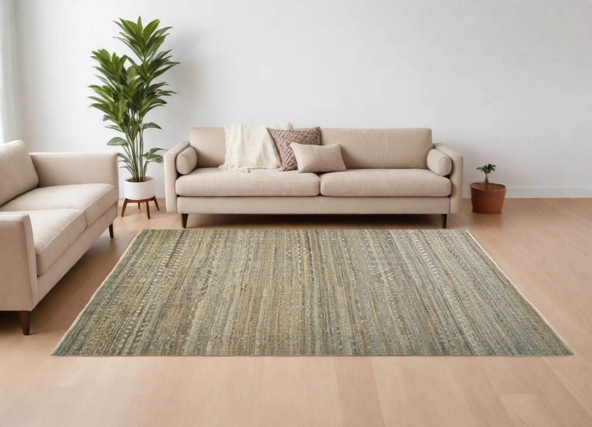 9' X 13' Gold and Tan Geometric Hand Knotted Worn Faded Area Rug