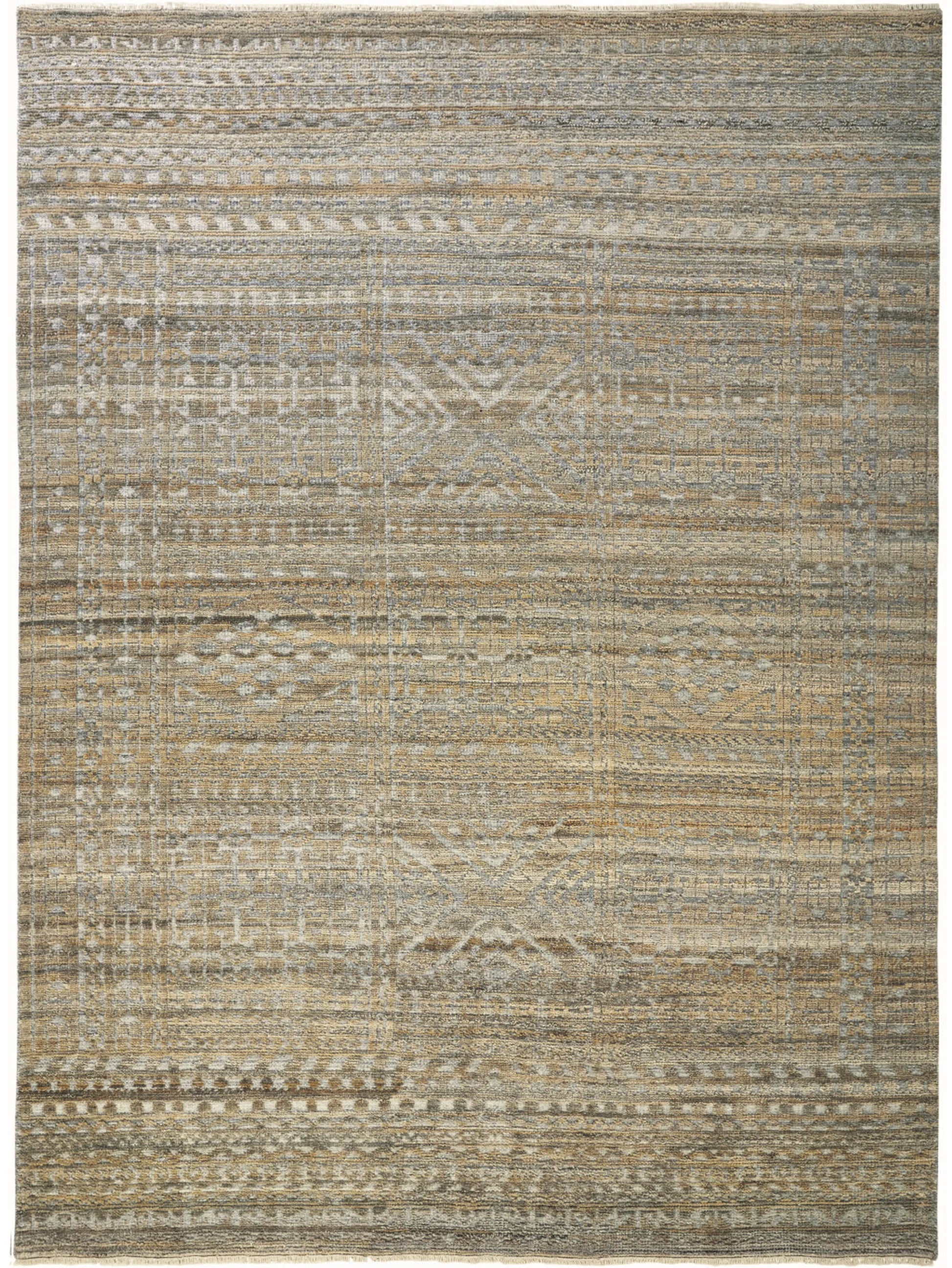 9' X 13' Gold and Tan Geometric Hand Knotted Worn Faded Area Rug