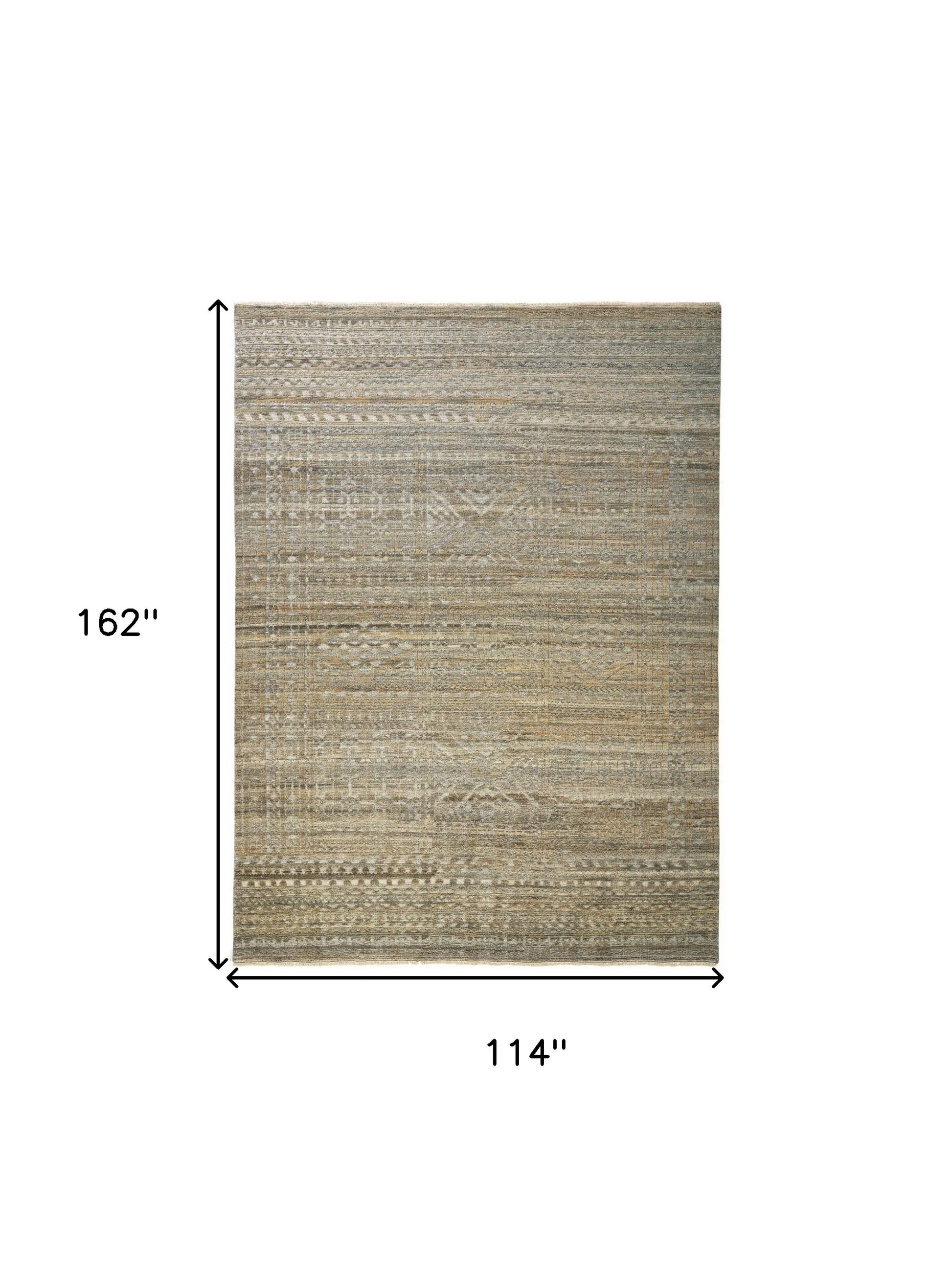 9' X 13' Gold and Tan Geometric Hand Knotted Worn Faded Area Rug