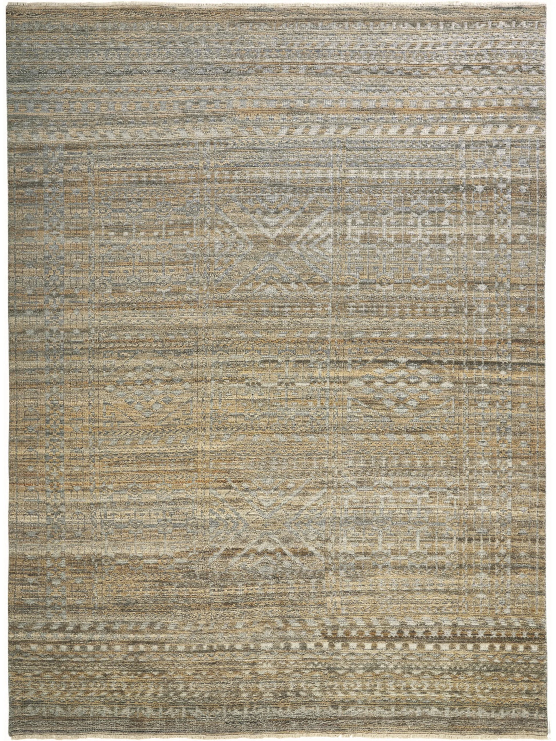 9' X 13' Gold and Tan Geometric Hand Knotted Worn Faded Area Rug