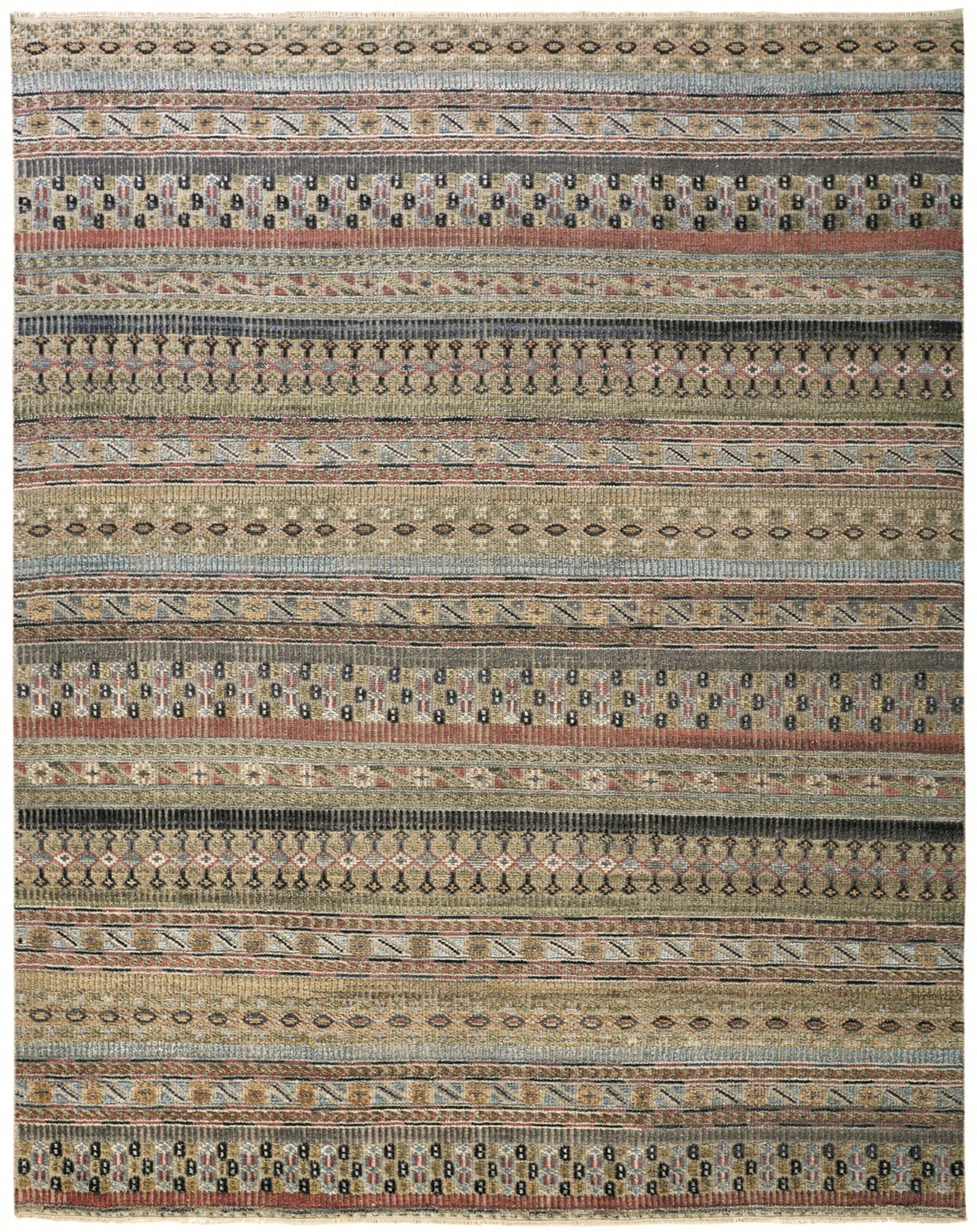 9' X 13' Tan Blue and Orange Striped Hand Knotted Area Rug