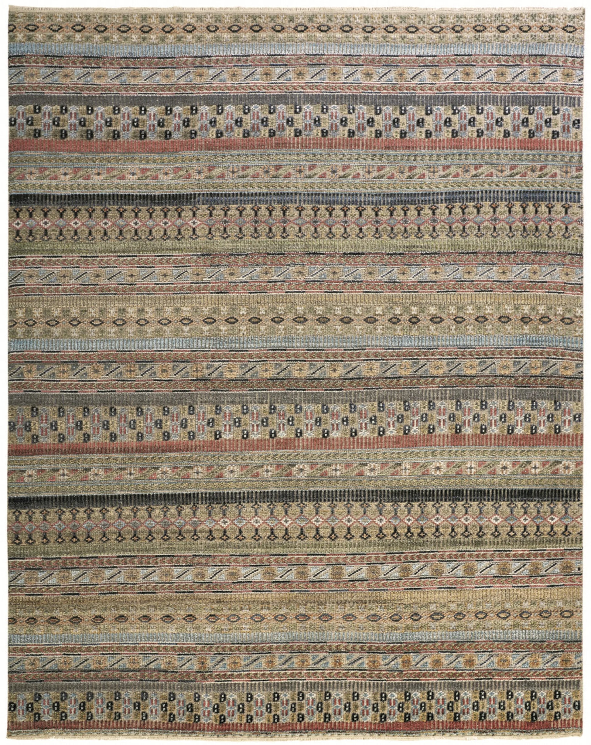 9' X 13' Tan Blue and Orange Striped Hand Knotted Area Rug