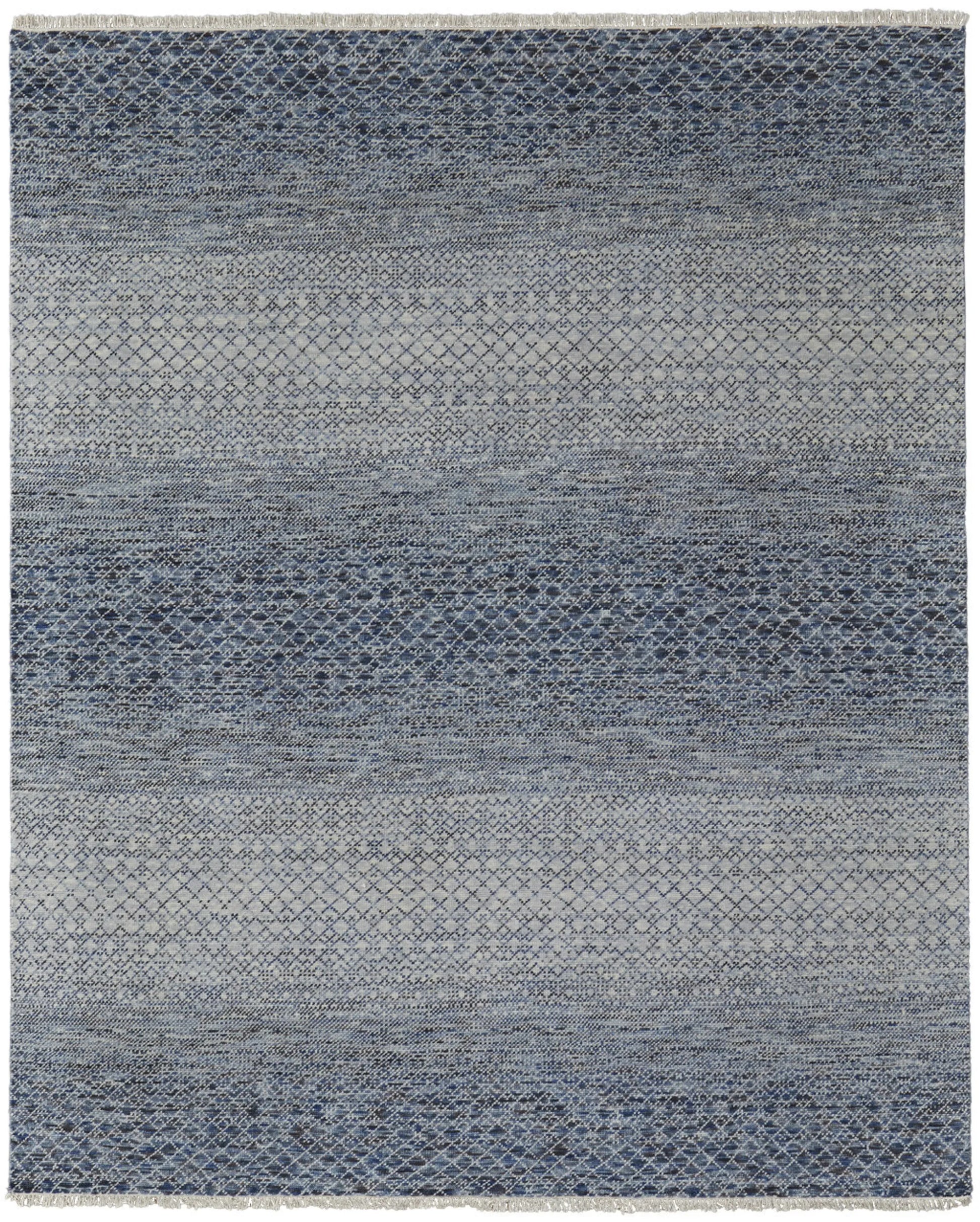 8' X 10' Ivory Gray and Blue Wool Hand Knotted Area Rug With Fringe