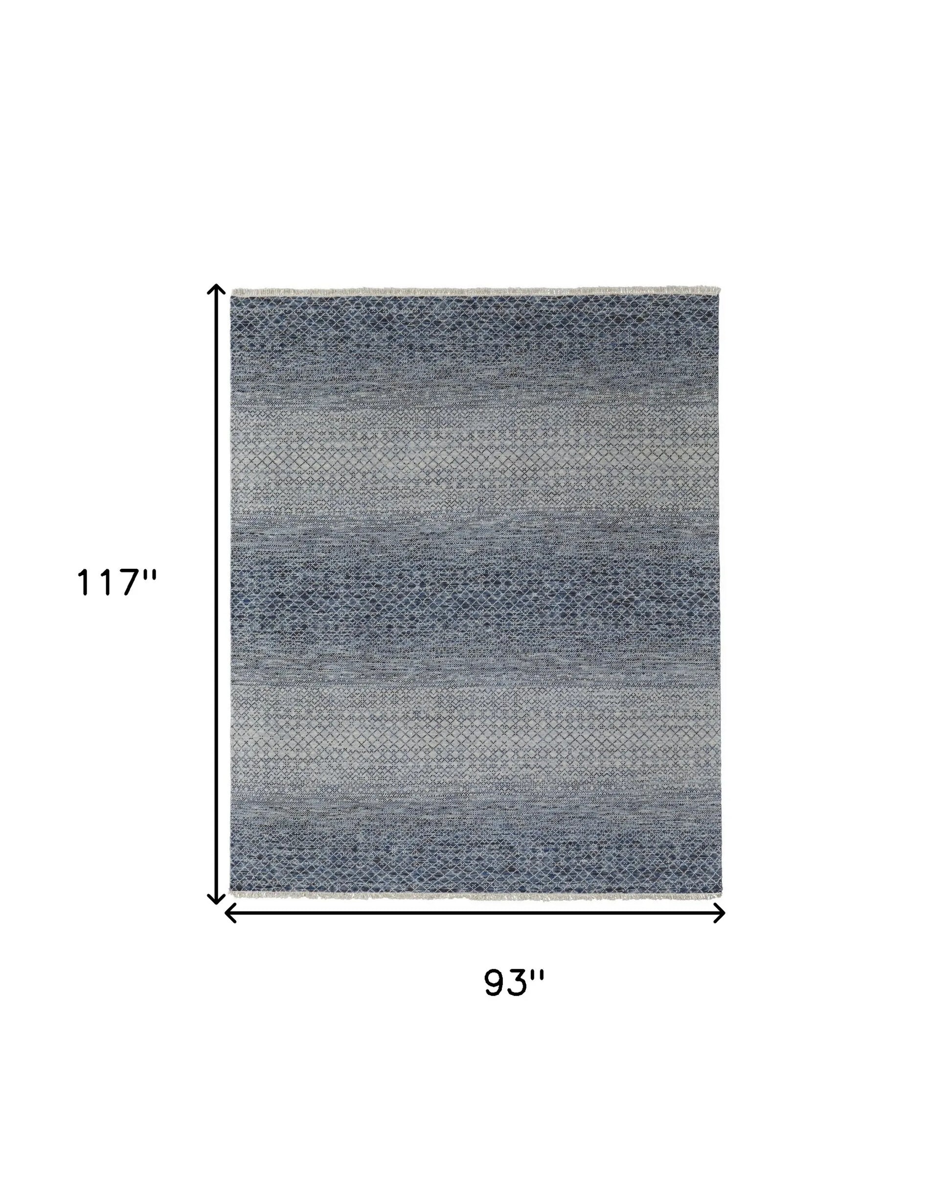 8' X 10' Ivory Gray and Blue Wool Hand Knotted Area Rug With Fringe