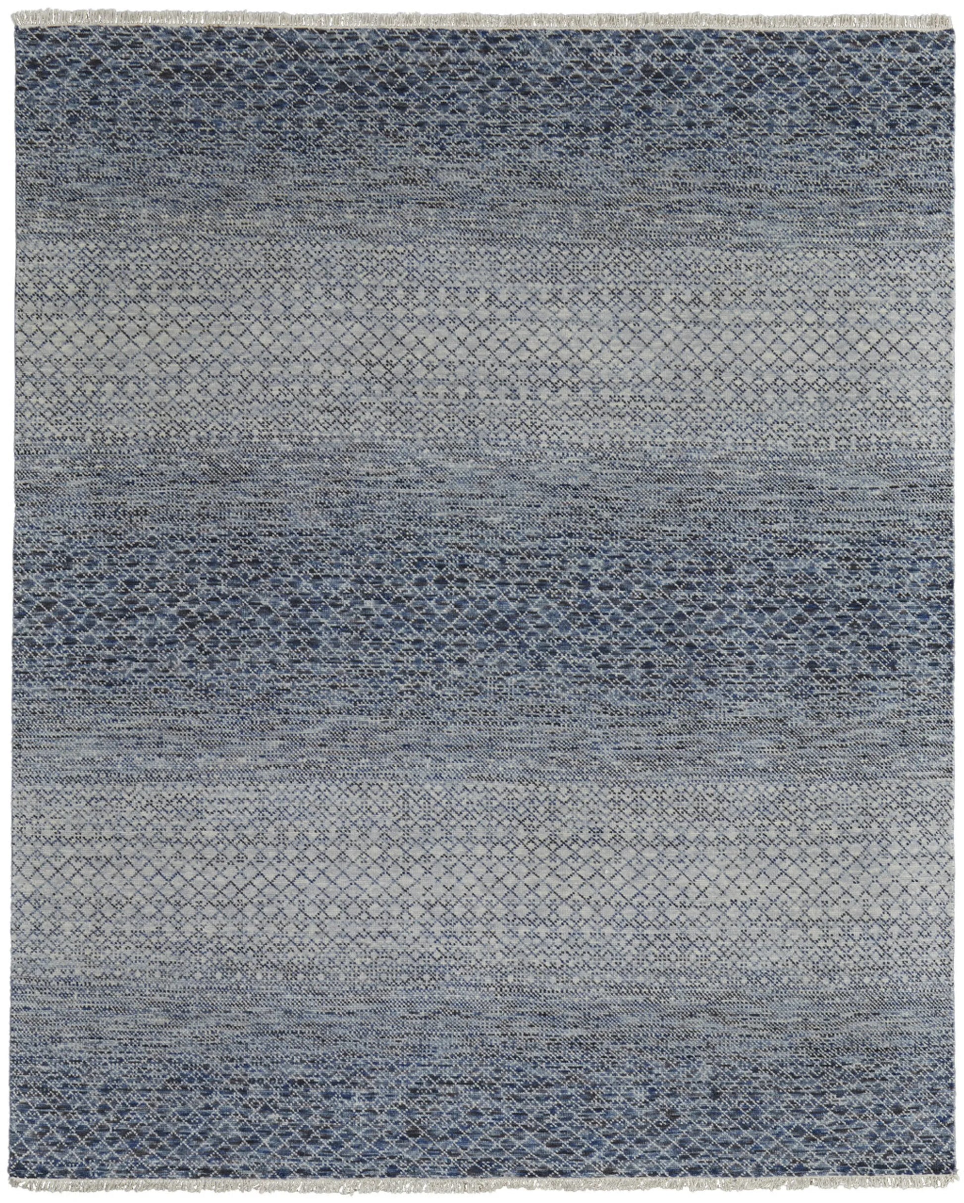 8' X 10' Ivory Gray and Blue Wool Hand Knotted Area Rug With Fringe