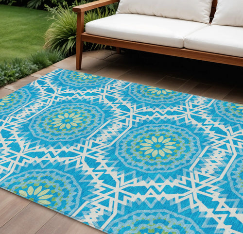 10' X 14' Ivory And Sky Blue Floral Medallion Washable Indoor Outdoor Area Rug