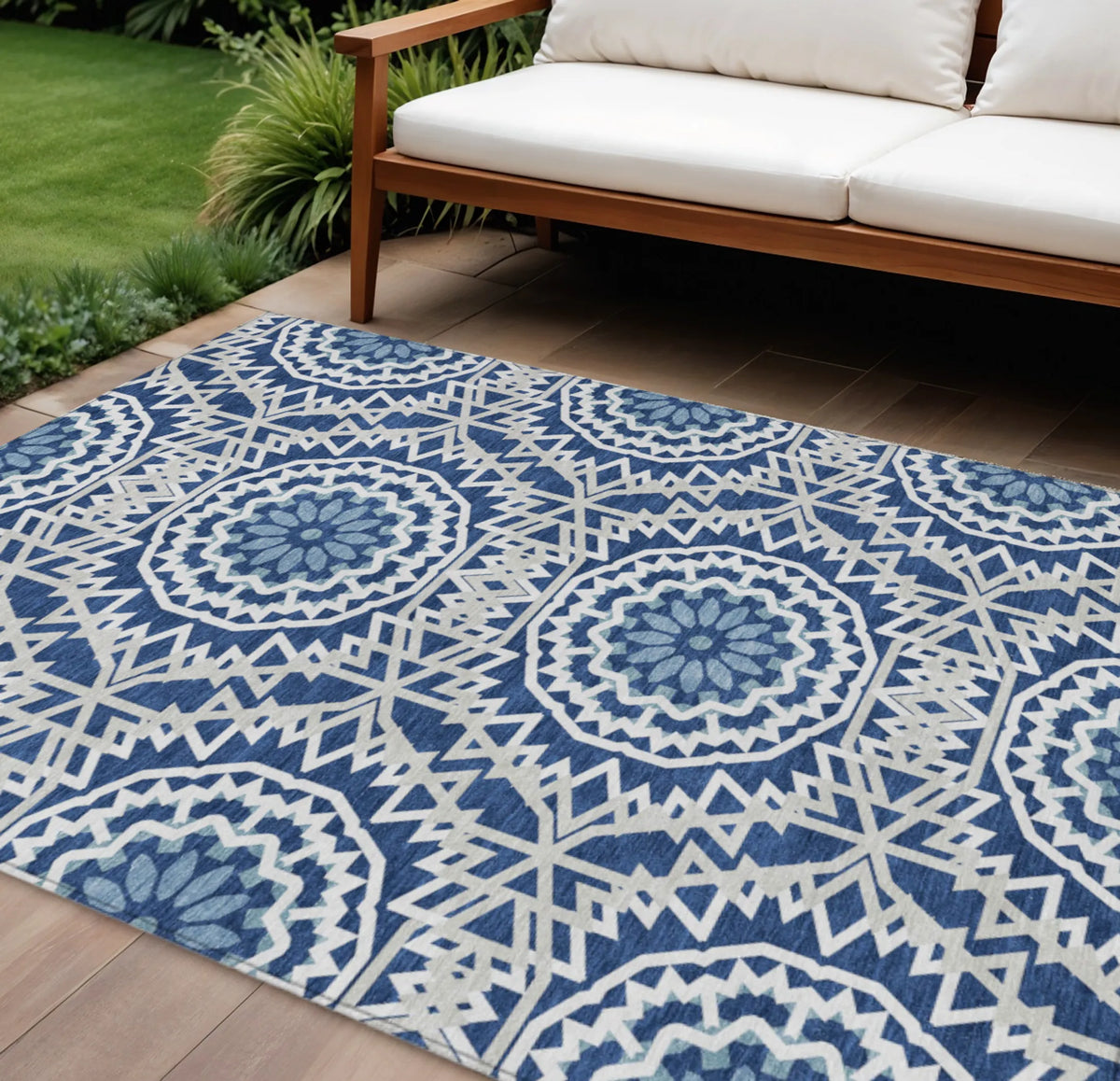 10' X 14' Navy Blue Ivory And Gray Floral Medallion Washable Indoor Outdoor Area Rug