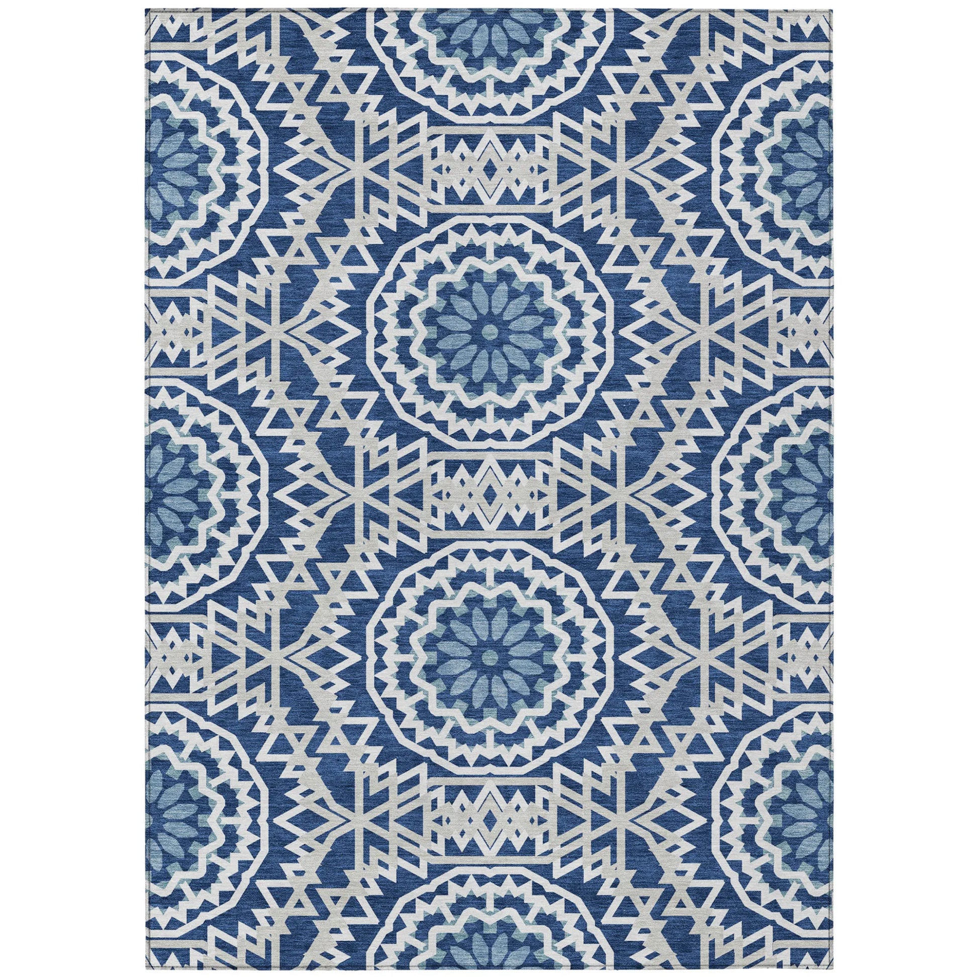 10' X 14' Navy Blue Ivory And Gray Floral Medallion Washable Indoor Outdoor Area Rug