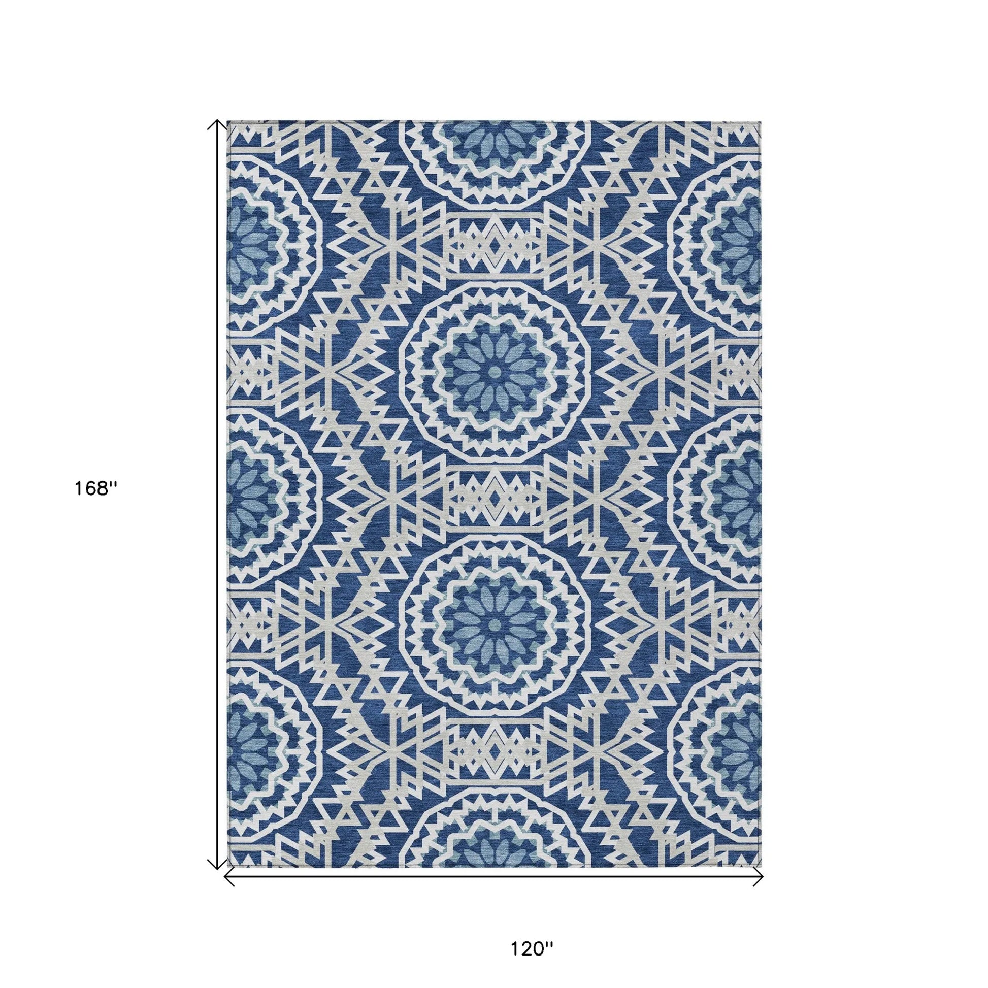 10' X 14' Navy Blue Ivory And Gray Floral Medallion Washable Indoor Outdoor Area Rug