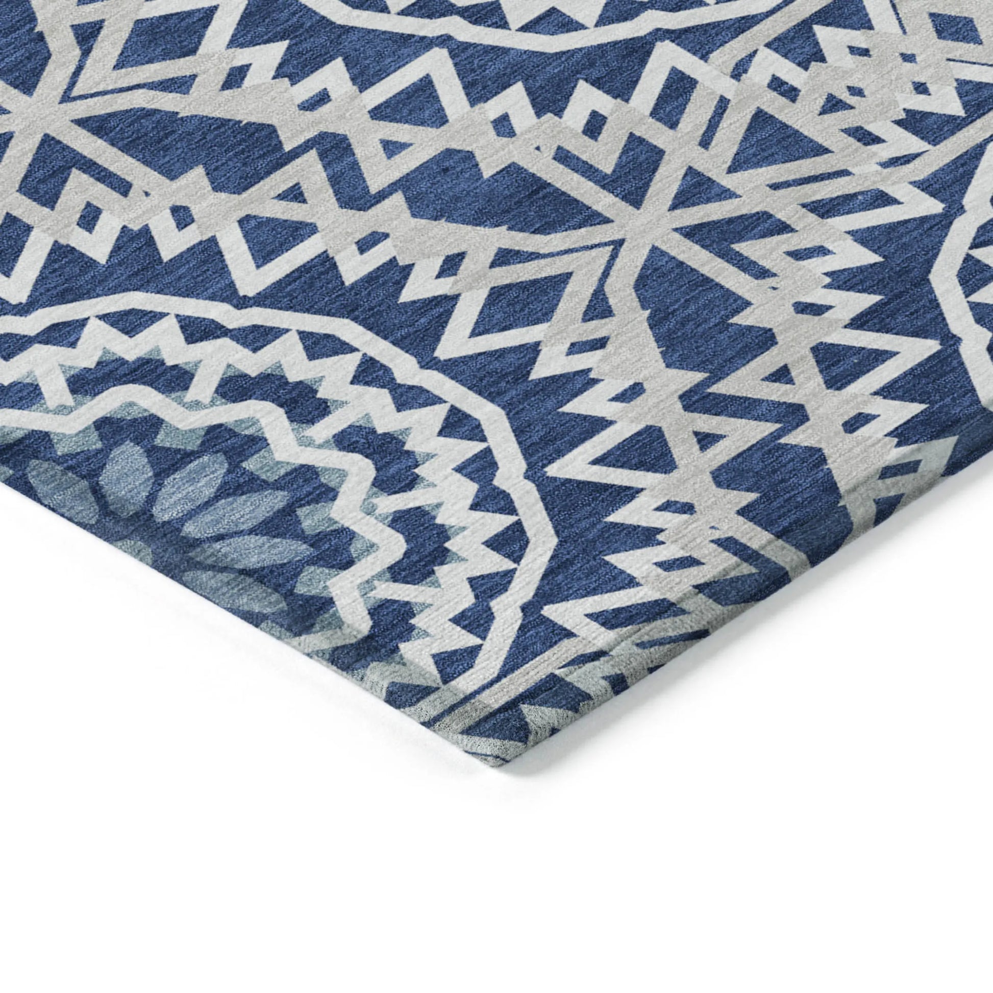 10' X 14' Navy Blue Ivory And Gray Floral Medallion Washable Indoor Outdoor Area Rug