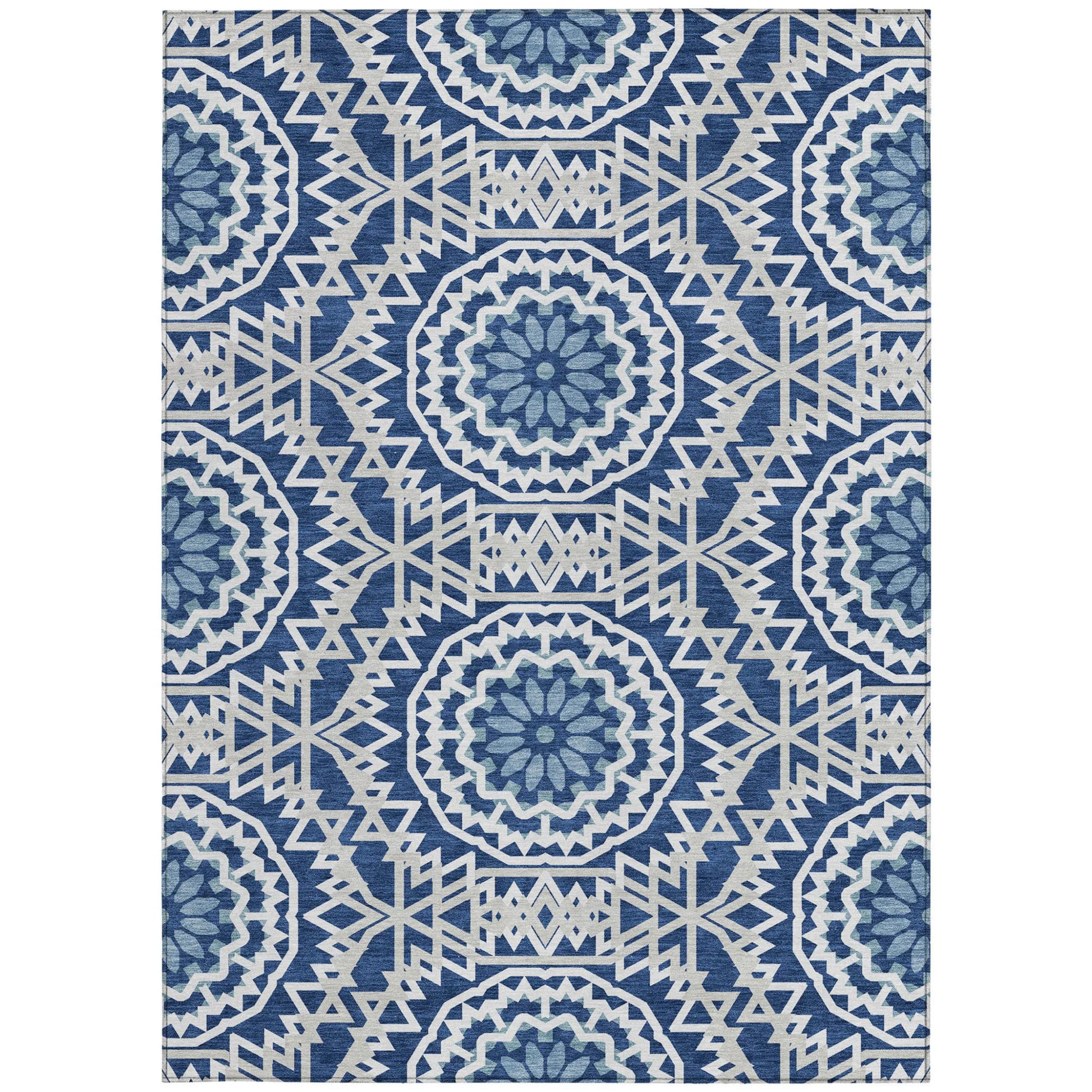 10' X 14' Navy Blue Ivory And Gray Floral Medallion Washable Indoor Outdoor Area Rug