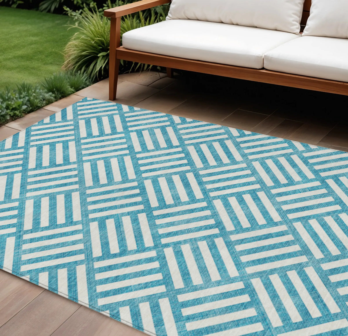 10' X 14' Teal Blue And Ivory Geometric Washable Indoor Outdoor Area Rug