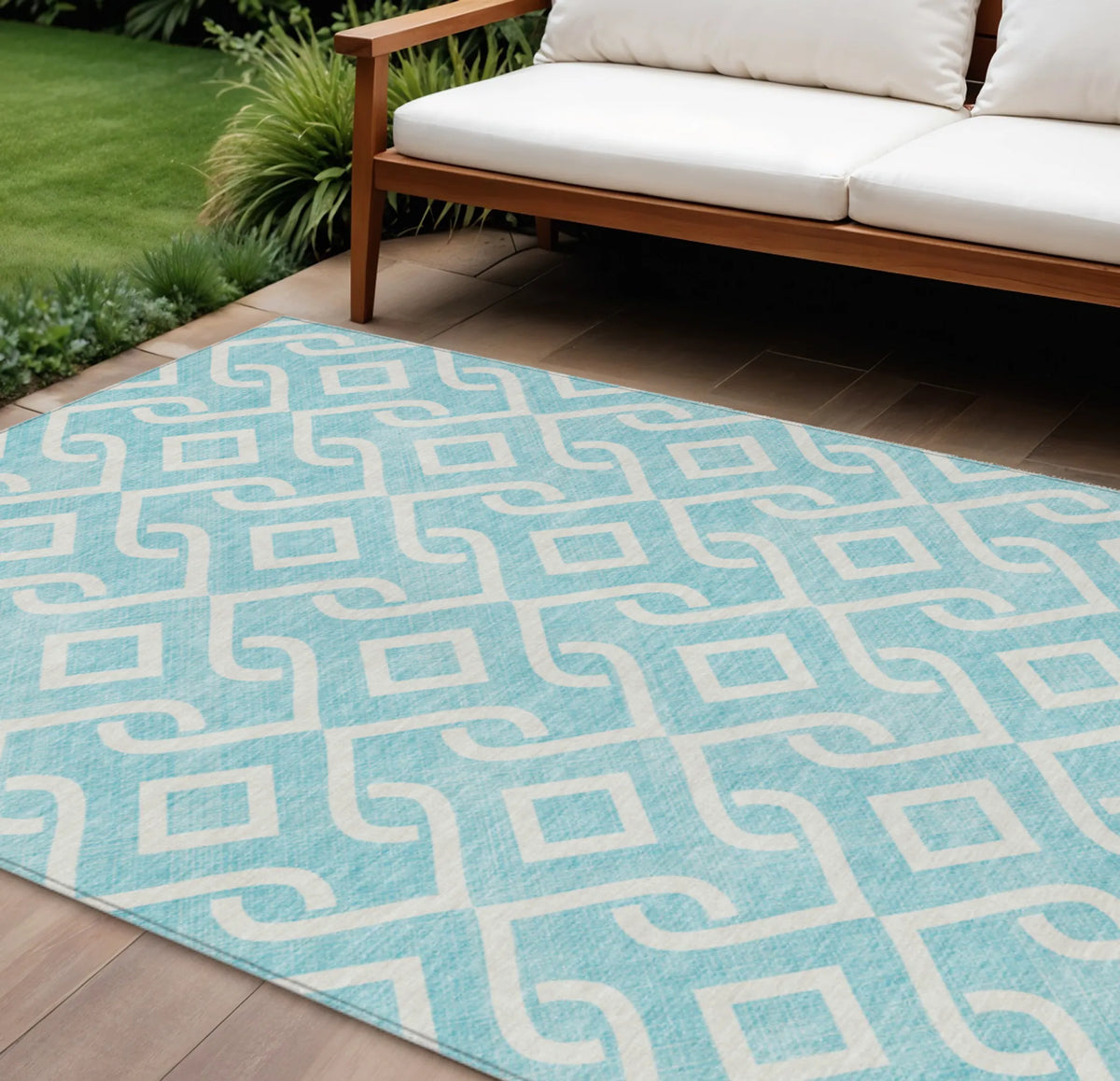 10' X 14' Aqua And Ivory Geometric Washable Indoor Outdoor Area Rug