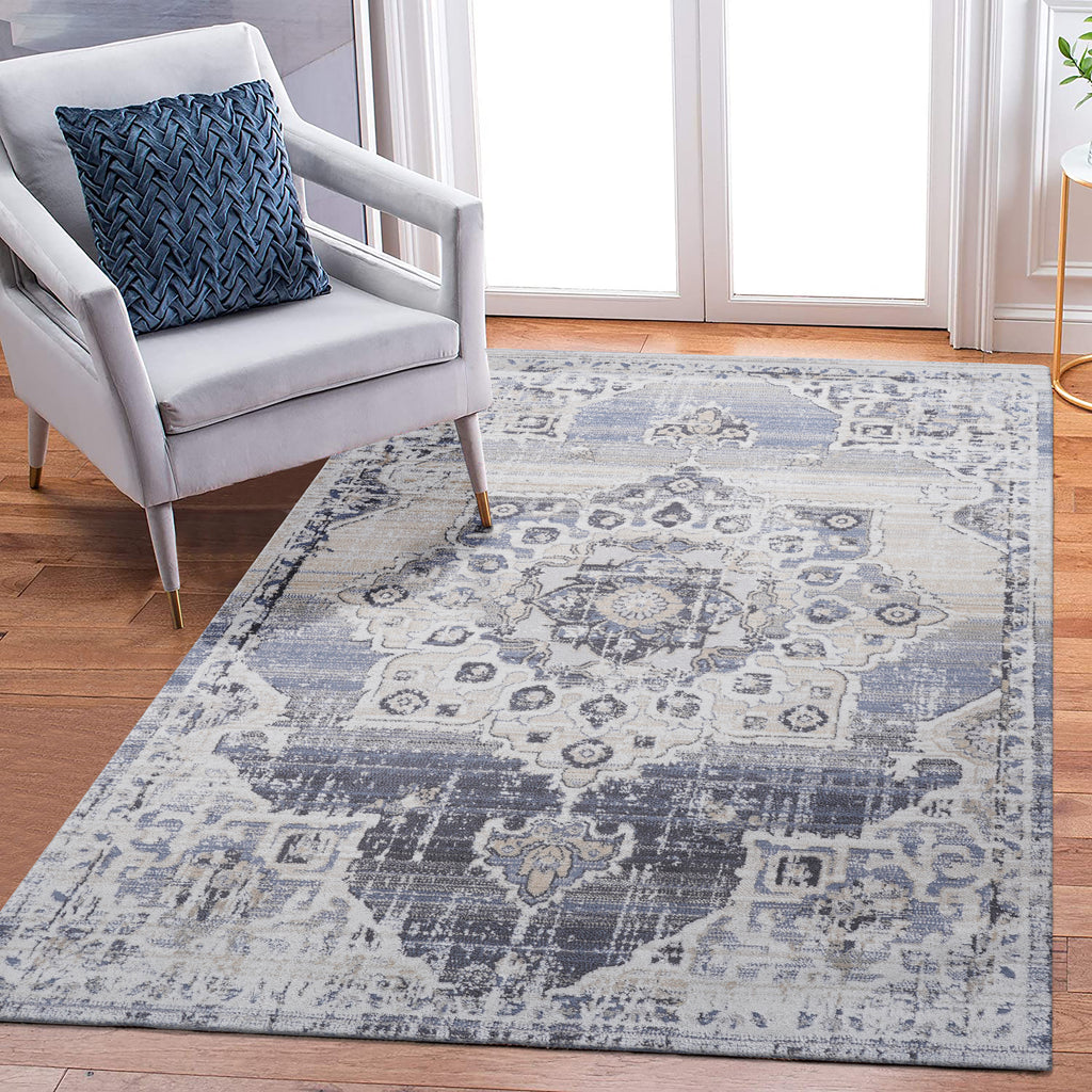 LOOM & LUXE Collection 5X7 Cream/Blue /Medallion Non-Shedding Living Room Bedroom Dining Home Office Stylish and Stain Resistant Area Rug