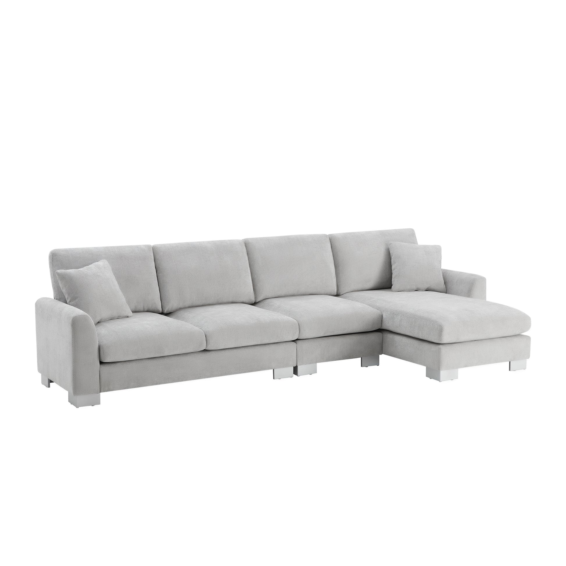 Modern Oversized L-shaped Sectional Sofa with Chaise and Free Pillows, Chenille Fabric, 119*55 Inches, Light Gray