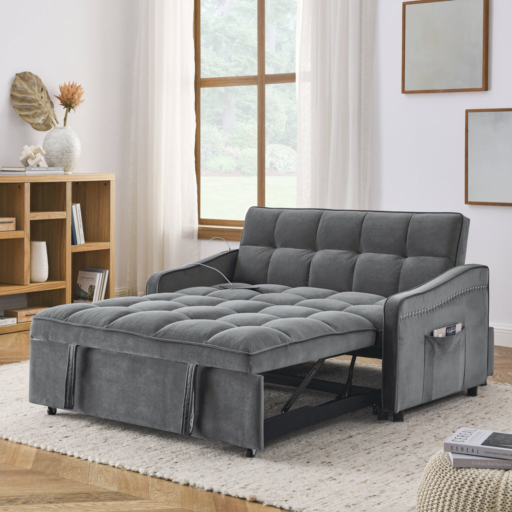 Loveseats Sofa Bed with Pull-out Bed,Adjsutable Back and Two Arm Pocket,TypeC and USB Charging with Copper nail,Grey (47'x53'x31')