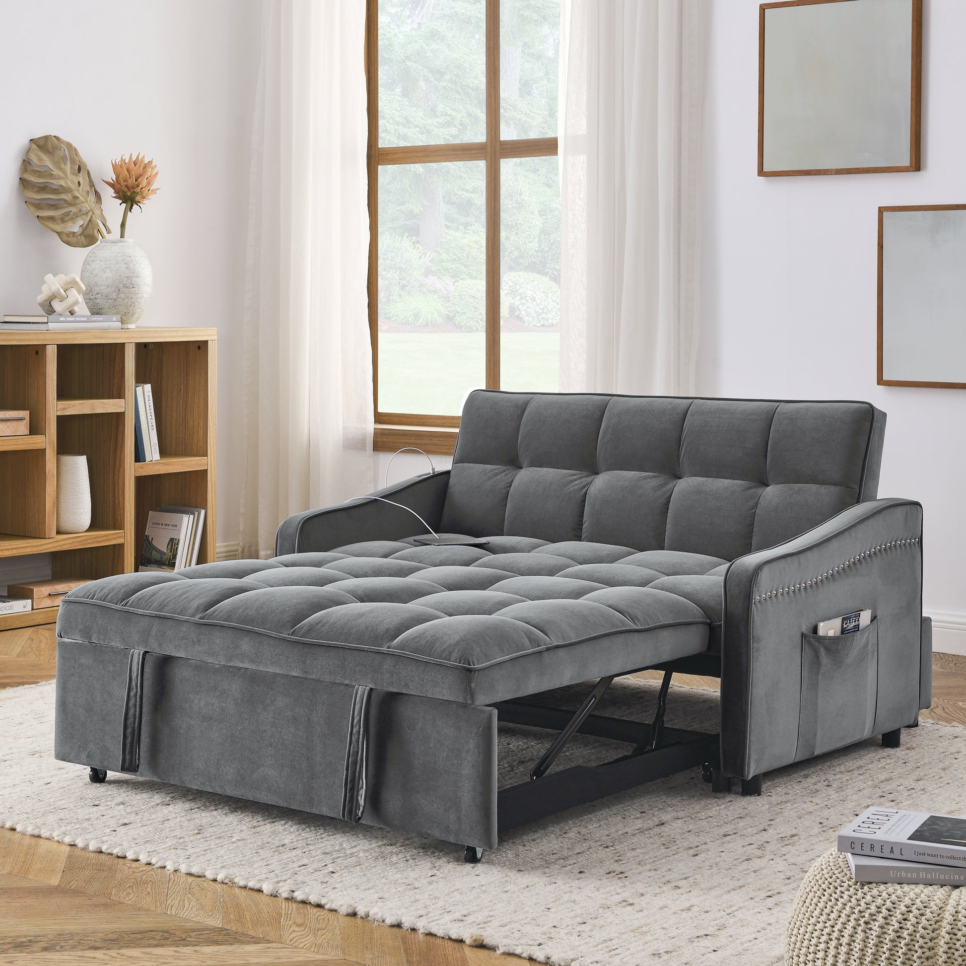 Loveseats Sofa Bed with Pull-out Bed,Adjsutable Back and Two Arm Pocket,TypeC and USB Charging with Copper nail,Grey (47'x53'x31')