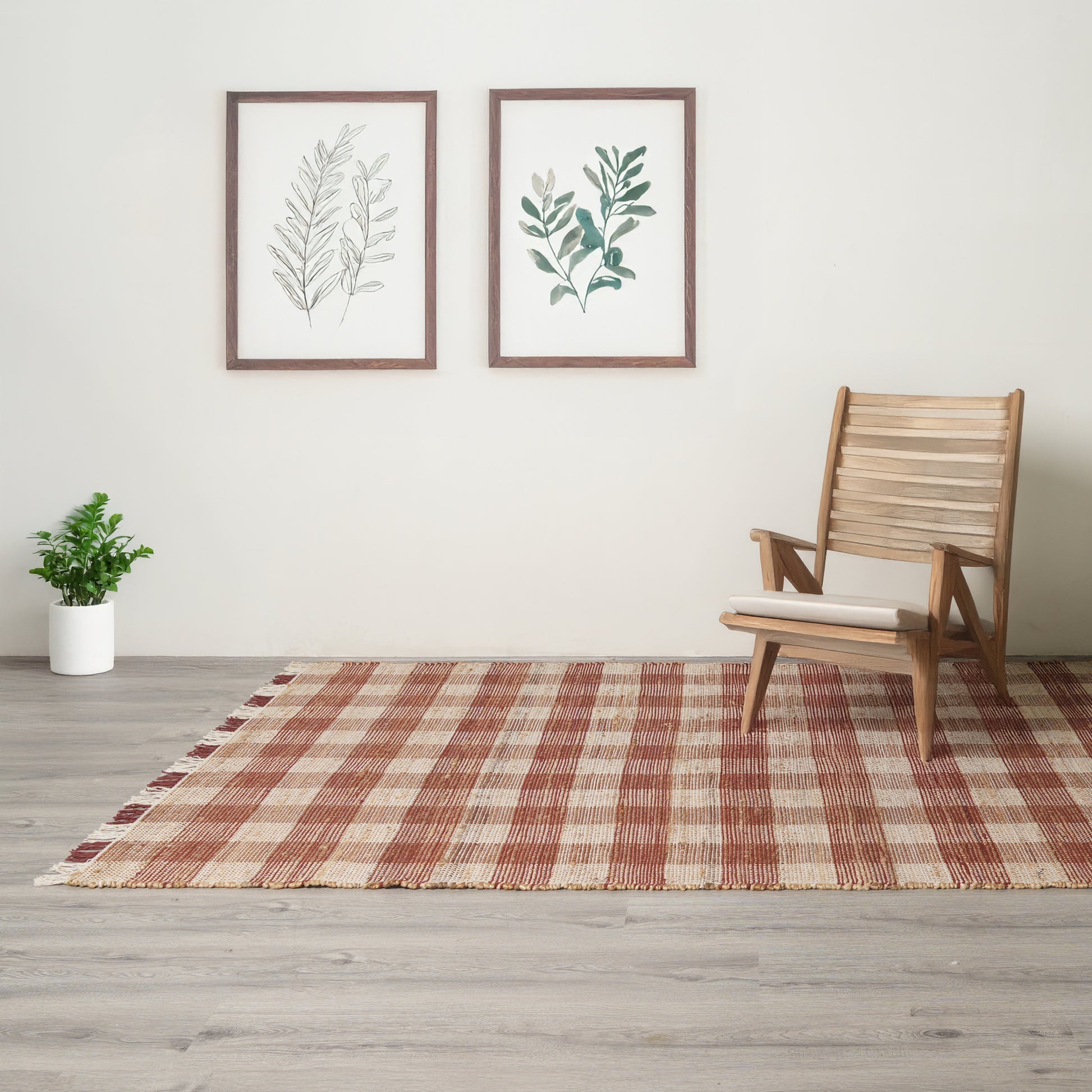 Artisan Hand Woven Jute & Cotton Brown Plaid Rug-6X9 ft