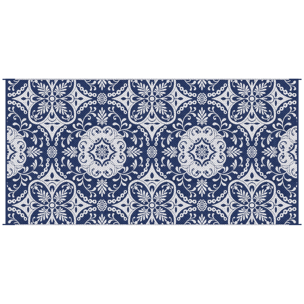 Outsunny Reversible Outdoor Rug Carpet, 9' x 18' Waterproof Plastic Straw Rug, Portable RV Camping Rugs with Carry Bag, Large Floor Mat for Backyard, Deck, Picnic, Beach, Blue & White Floral