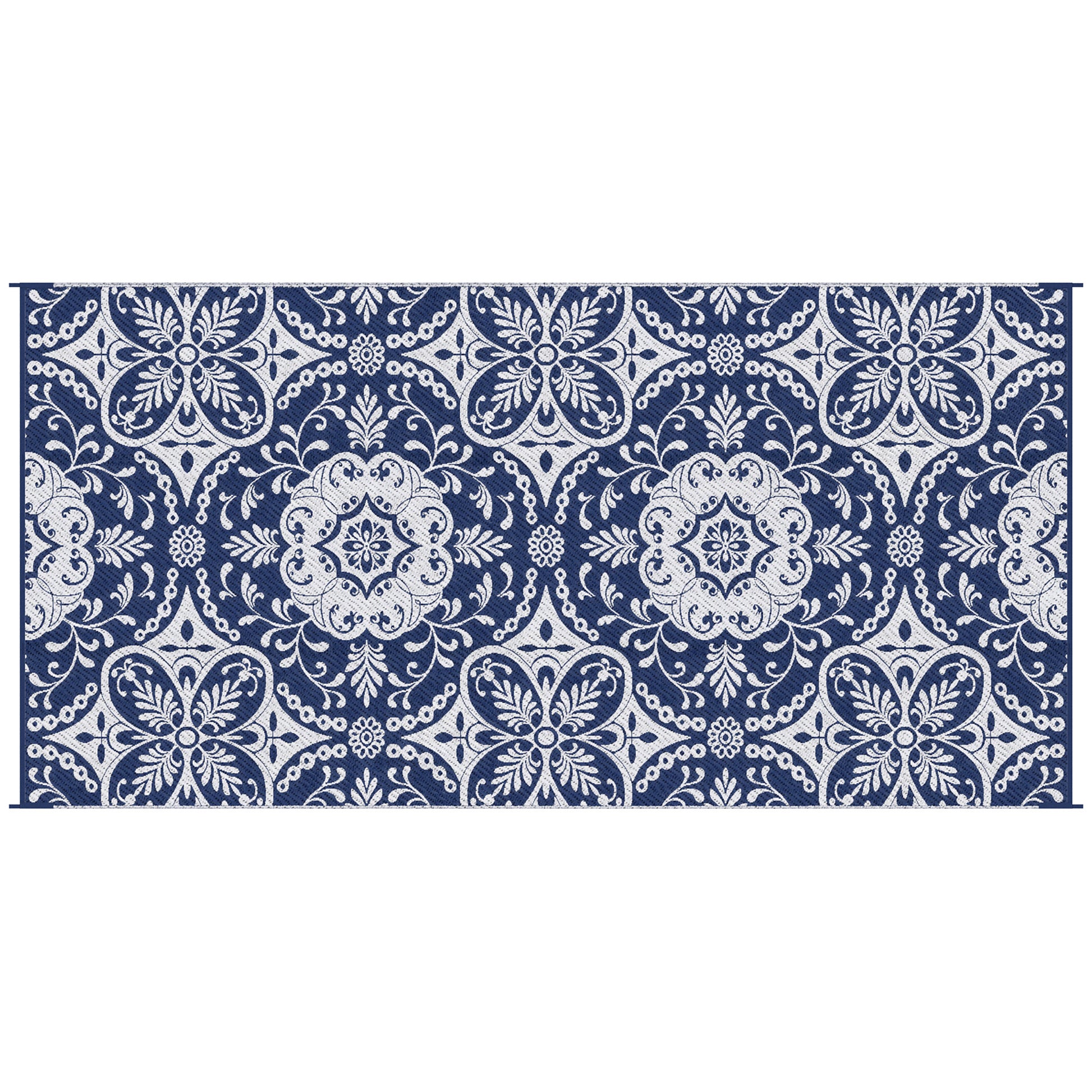 Outsunny Reversible Outdoor Rug Carpet, 9' x 18' Waterproof Plastic Straw Rug, Portable RV Camping Rugs with Carry Bag, Large Floor Mat for Backyard, Deck, Picnic, Beach, Blue & White Floral