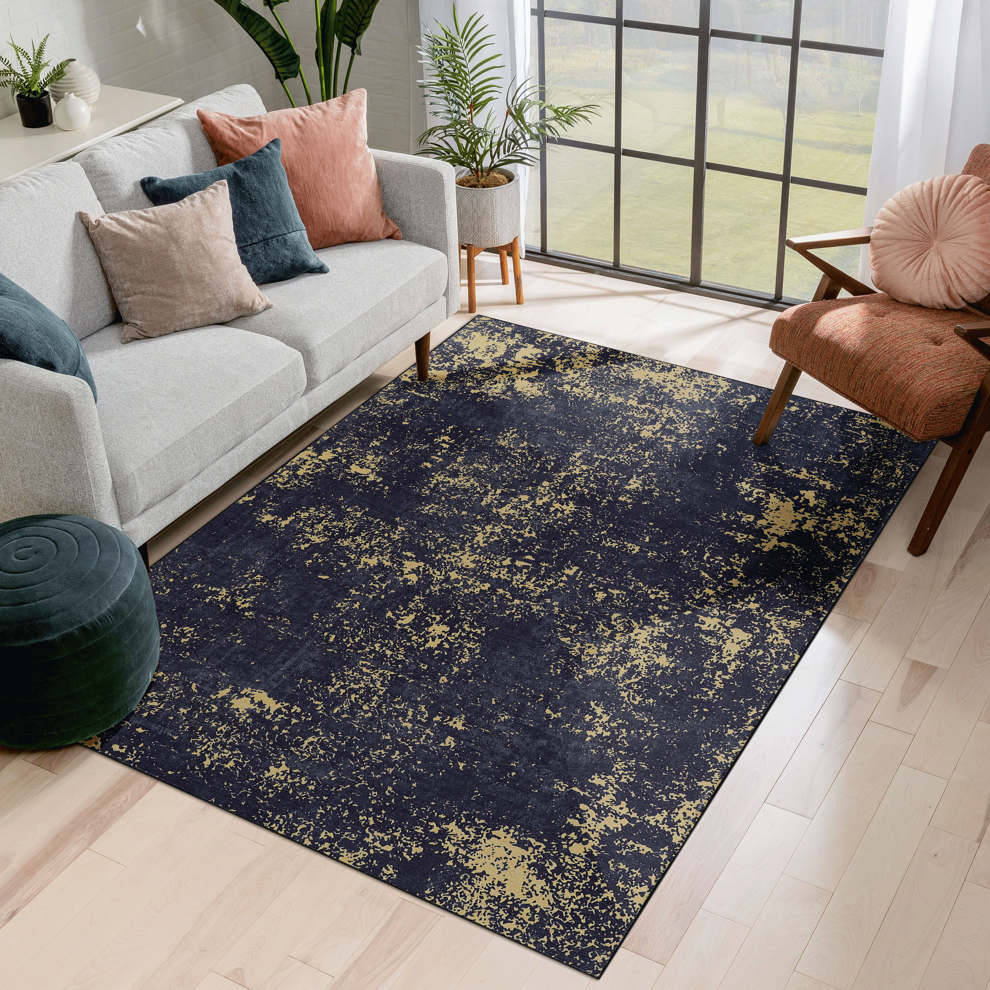 NAAR MAVAL Black Washable Rug 9x12 Area Rug (Black+Gold, 9'x12')