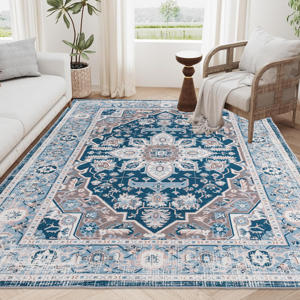 Area Rug 6x9 Vintage Bohemia Large Persian Non-slip Washable Rug For Living Room Kitchen Bedroom Living Room Flower Design Blue