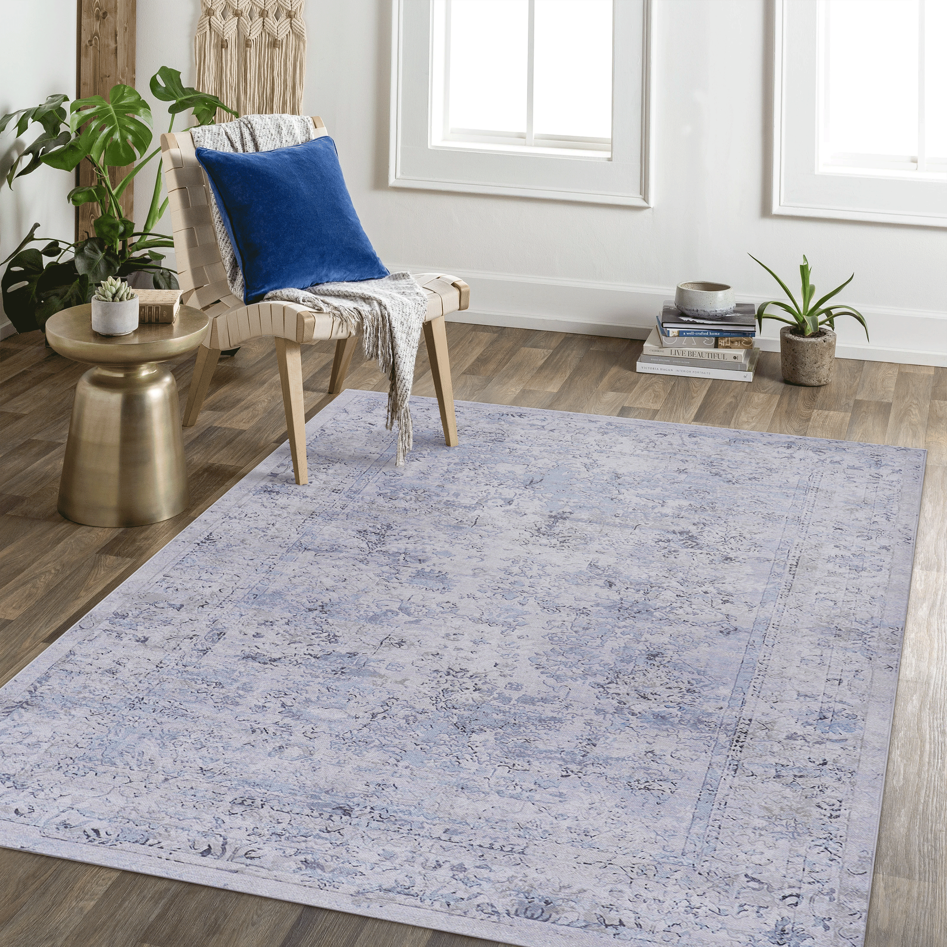NAAR MAVAL Blue Washable Rug 3x5 Area Rug (Blue+Cream, 3' x 5')