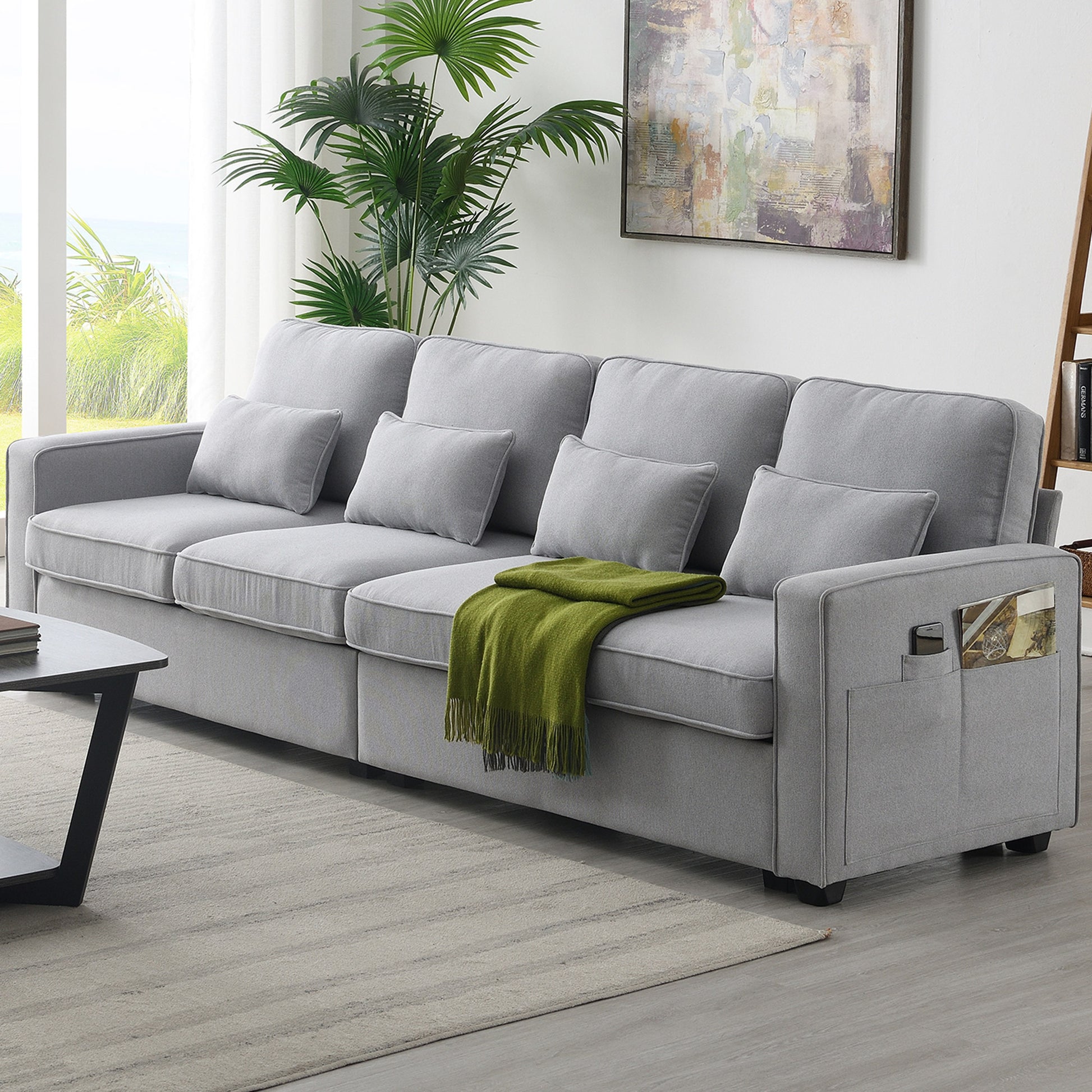 [VIDEO provided] [New] 104' 4-Seater Modern Linen Fabric Sofa with Armrest Pockets and 4 Pillows,Minimalist Style Couch for Living Room, Apartment, Office,3 Colors