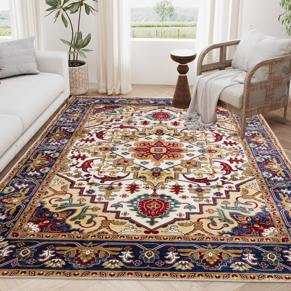 Area Rug 6x9 Vintage Bohemia Large Persian Non-slip Washable Rug For Living Room Kitchen Bedroom Living Room Flower Design Blue/Gold