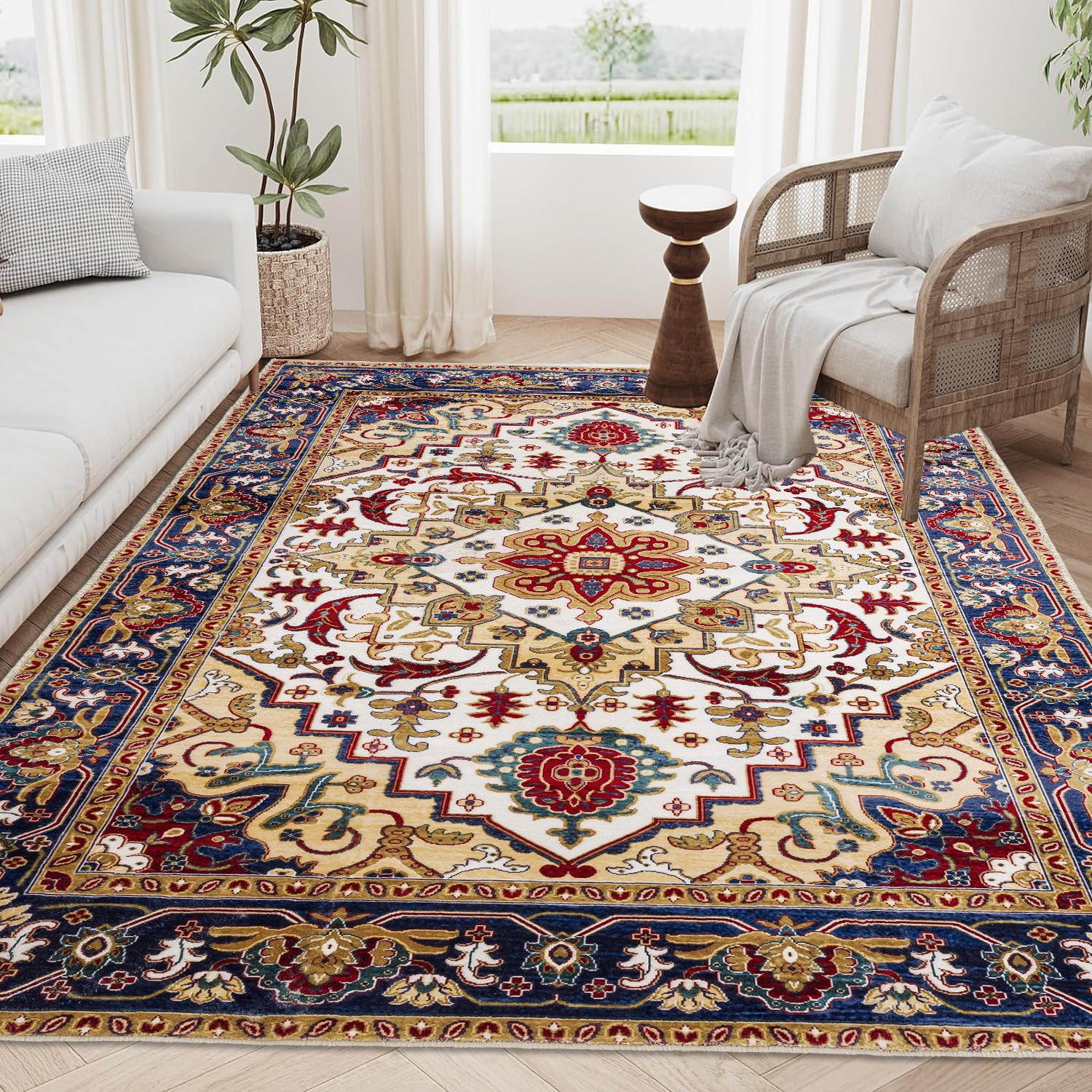 Area Rug 6x9 Vintage Bohemia Large Persian Non-slip Washable Rug For Living Room Kitchen Bedroom Living Room Flower Design Blue/Gold