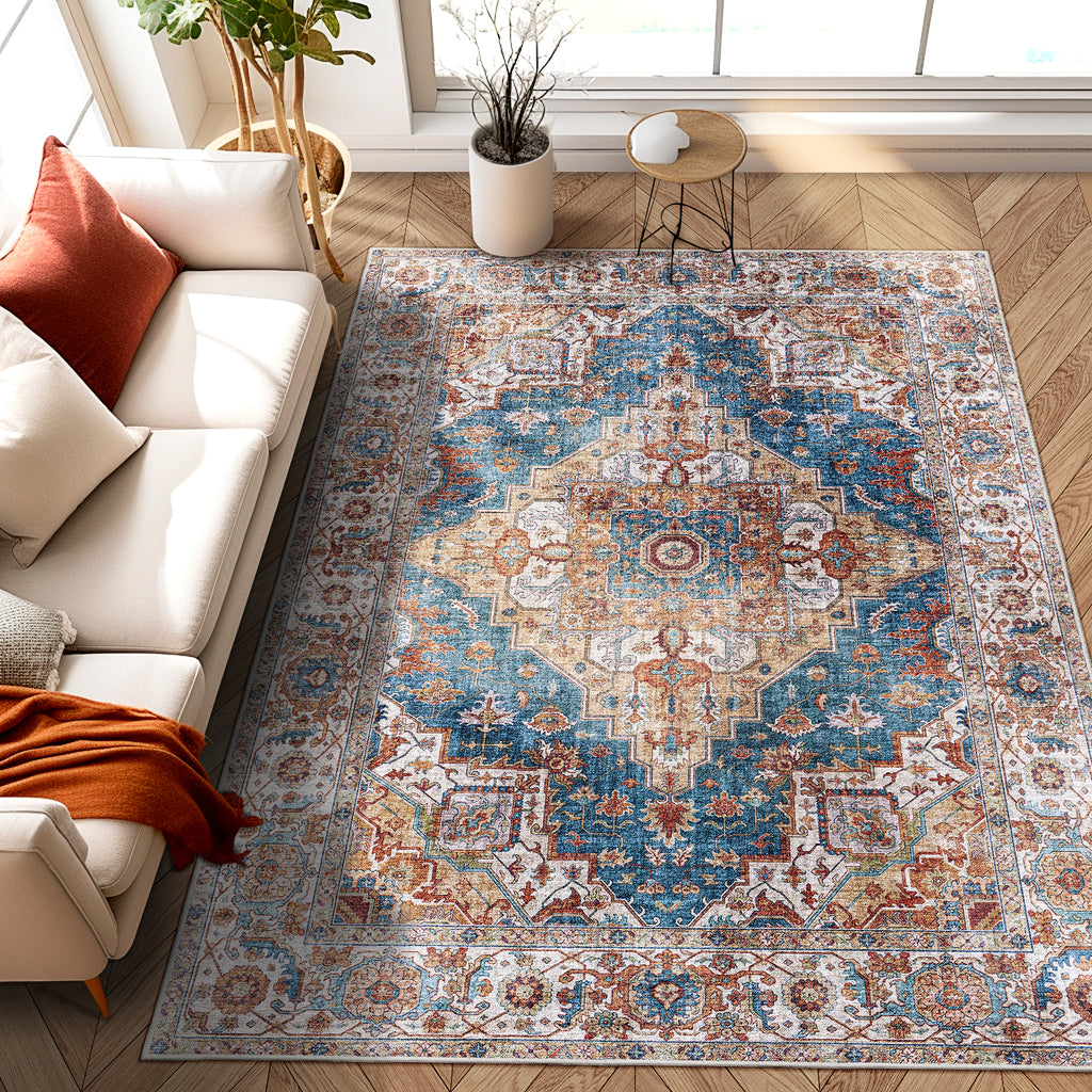 Area Rug 5x7 Vintage Bohemia Large Persian Non-slip Washable Rug For Living Room Kitchen Bedroom Living Room Flower Design Blue/Yellow