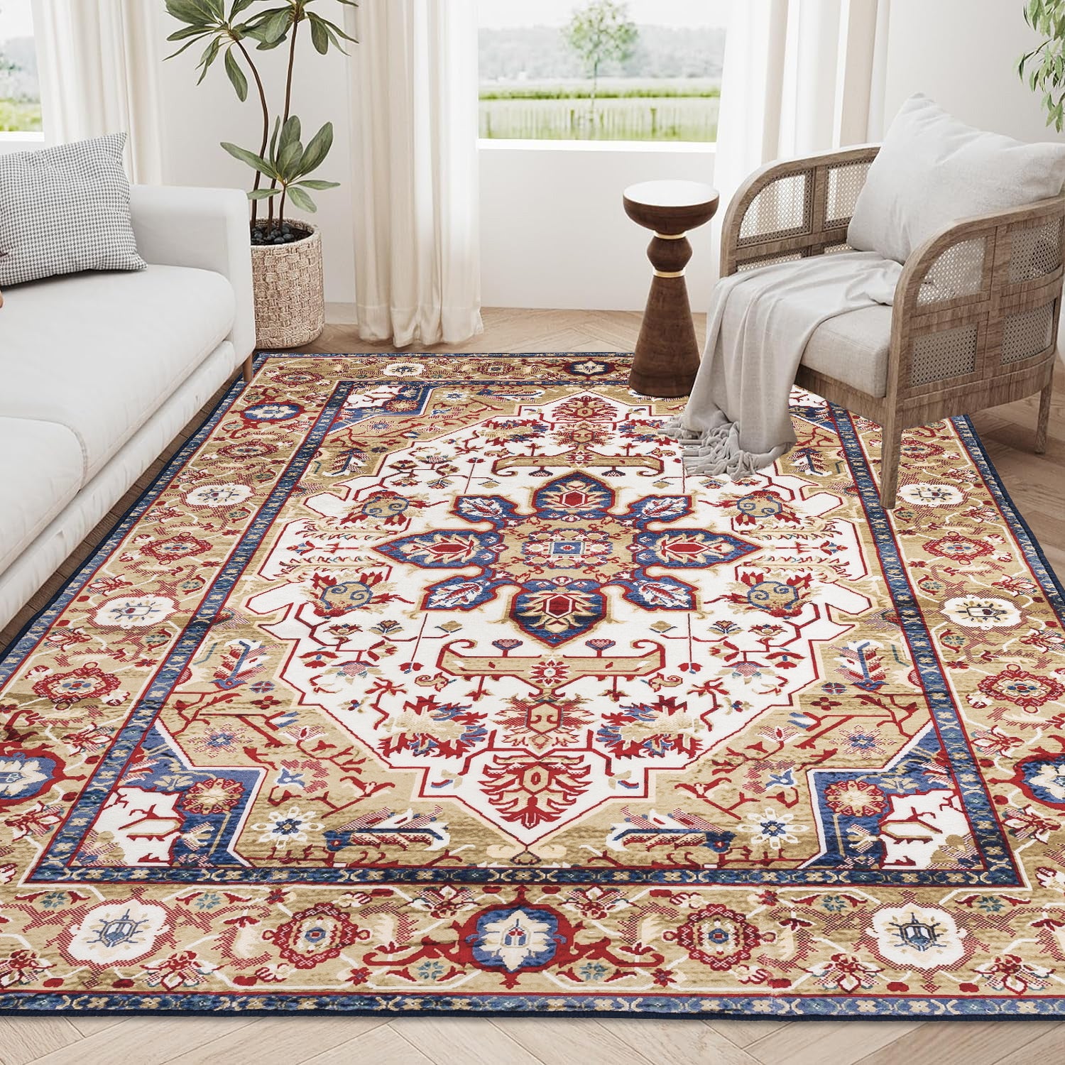 Area Rug 8x10 Vintage Bohemia Large Persian Non-slip Washable Rug For Living Room Kitchen Bedroom Living Room Flower Design Blue/Gold