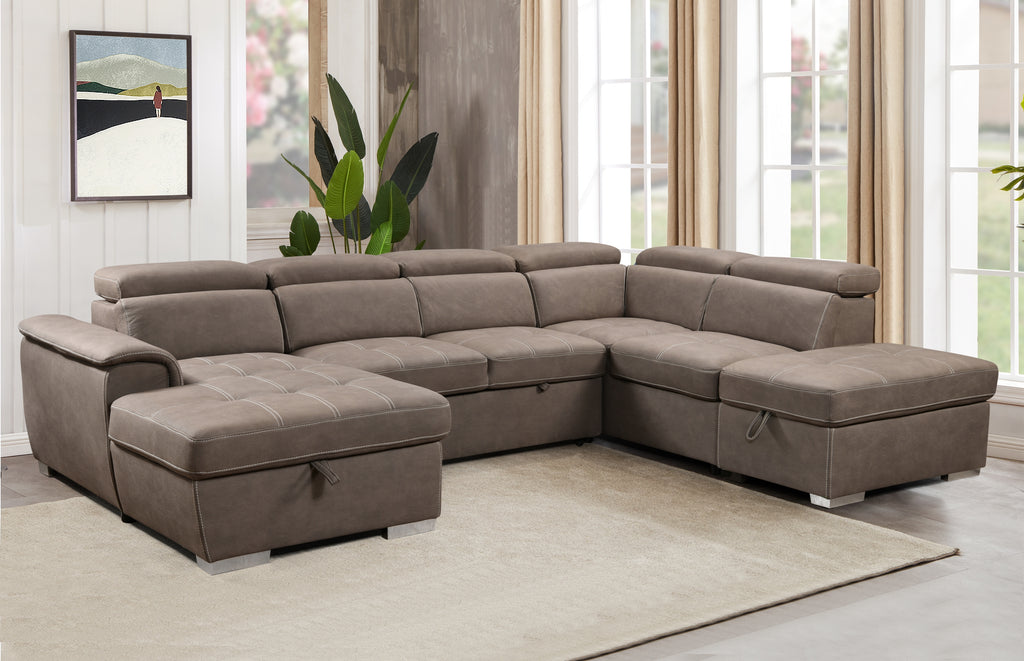 128'Sofa U Shaped Sectional Couch with Ottomans Reversible Modular Sofa 7 Seater Couch with Storage Seat,Living Room Furniture Sofa Sets with Adjustable Headrest, Brown