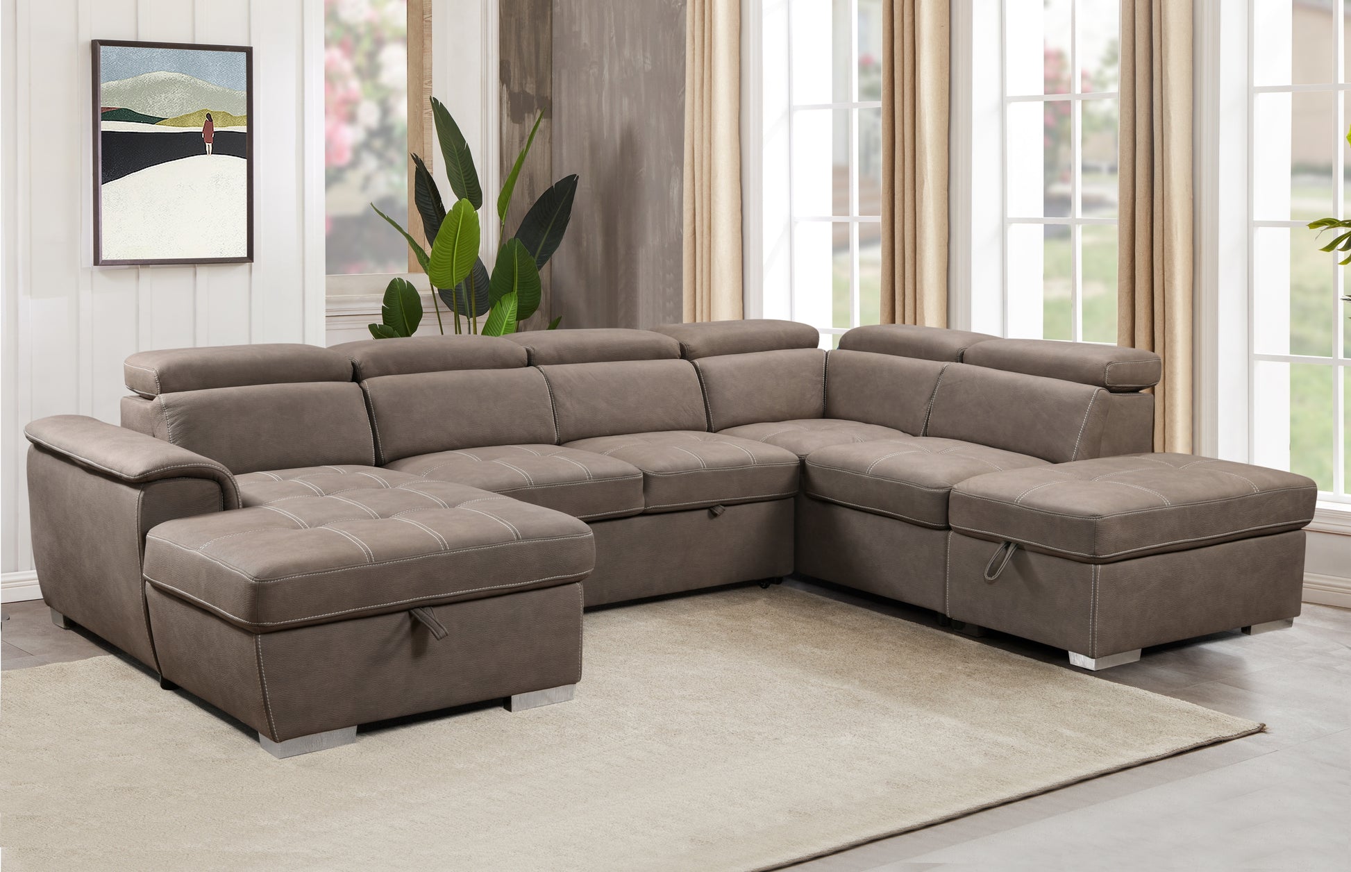 128'Sofa U Shaped Sectional Couch with Ottomans Reversible Modular Sofa 7 Seater Couch with Storage Seat,Living Room Furniture Sofa Sets with Adjustable Headrest, Brown