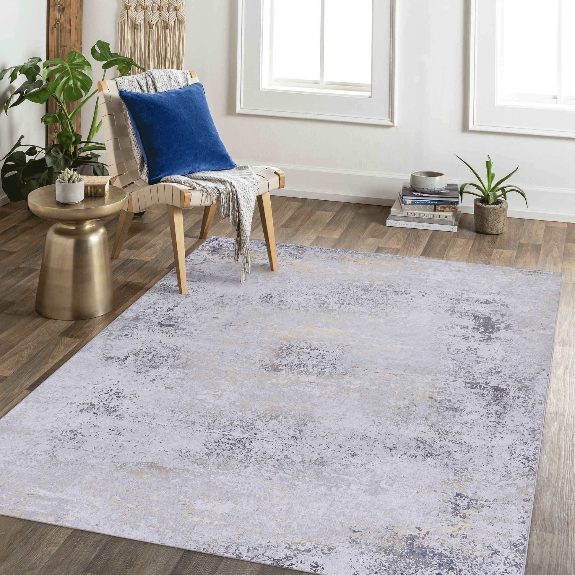 NAAR MAVAL Gold Washable Rug 8x10 Area Rug (Gray+Gold, 8' x 10')