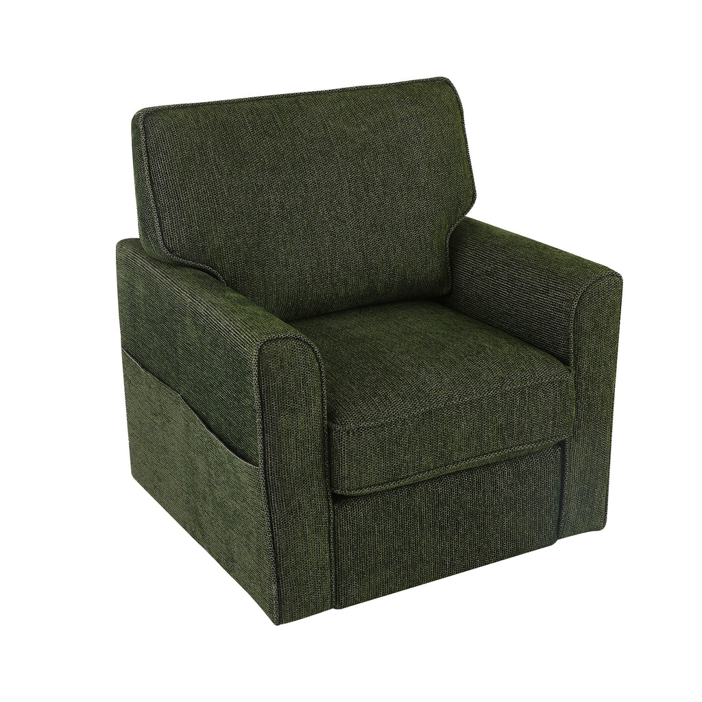 360° Swivel Chair Accent Barrel Armchair with Side Pockets, Green Chenille Upholstery, Compact Size