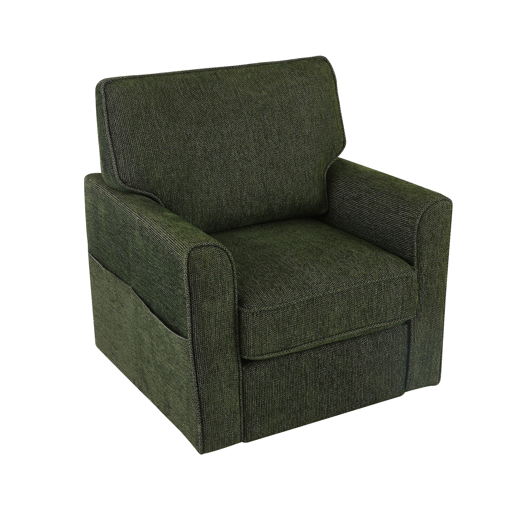 360° Swivel Chair Accent Barrel Armchair with Side Pockets, Green Chenille Upholstery, Compact Size