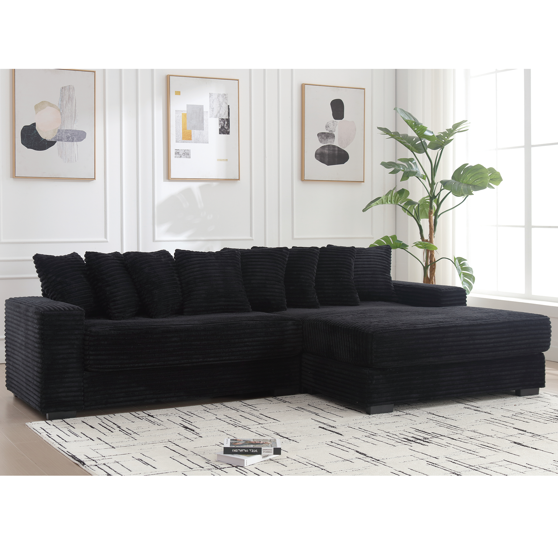 [NEW ARRIVED] [VIDEO PROVIDED] Oversized Two-Piece  Couches,  L Shaped Sofa, Corduroy, Right Chaise Daybed,with Armrests,Eight Throw Pillows,Corner Sofa,Easy To Assemble,  Black
