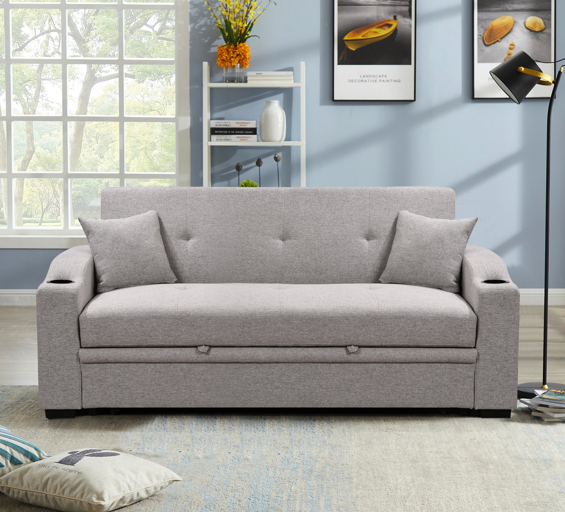 75 Inch 3 in 1 Convertible Modern Sofa with Convenient Pull Out Bed,Reclining Backrest, Cup Holders,Pillows and Pockets, Futon Couches for Living Room Apartment Office, Light Gray