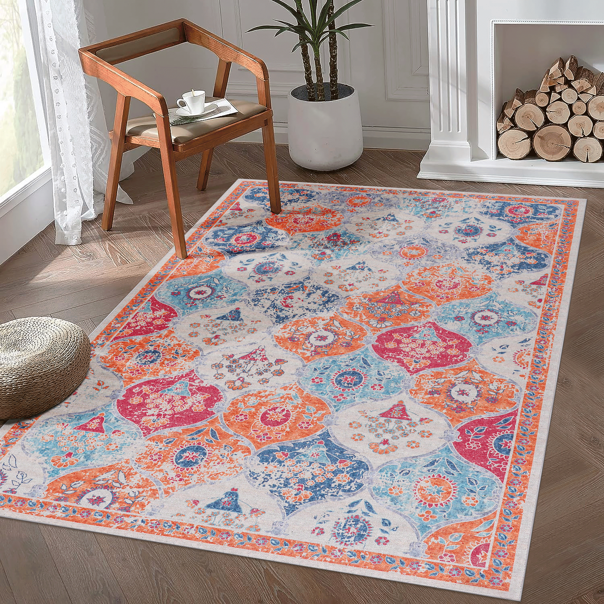 NAAR MAVAL Cream Washable Rug 5x8 Area Rug (Cream, 5' x 8')