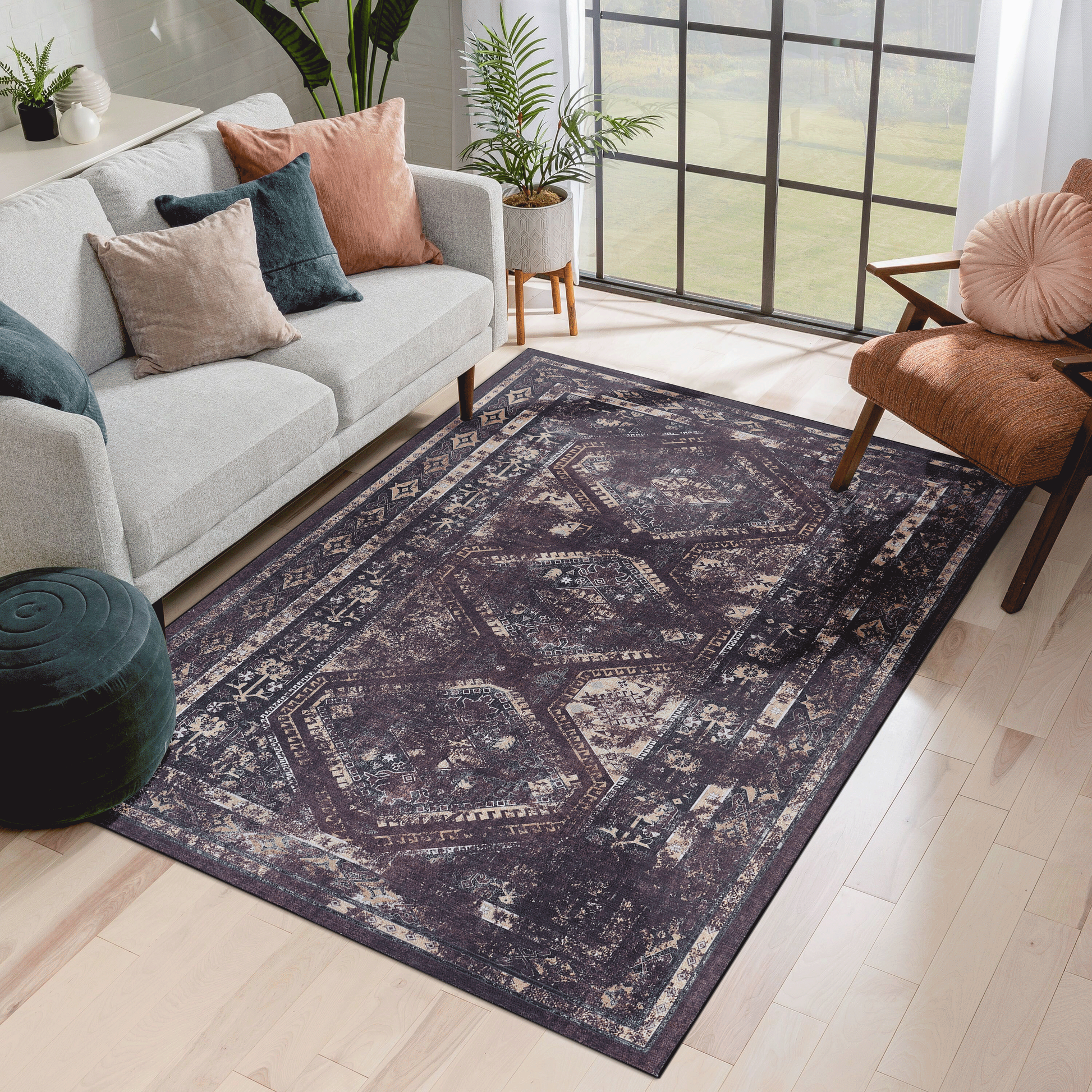 NAAR MAVAL Burgundy Washable Rug 9x12 Area Rug (Black+Burgundy, 9'x12')