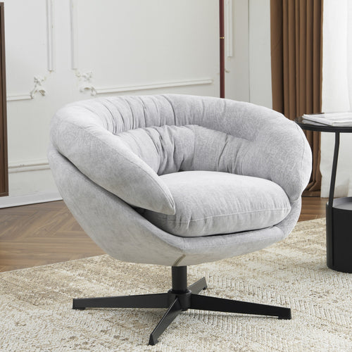 Modern Chenille Office Chair, 360° Swivel Club Chair/Accent Chair with Removable Cushion, Round Office Chair, Black Metal Base, Cotton Material, Living Room, Bedroom, Reading Corner, Office (Gray)