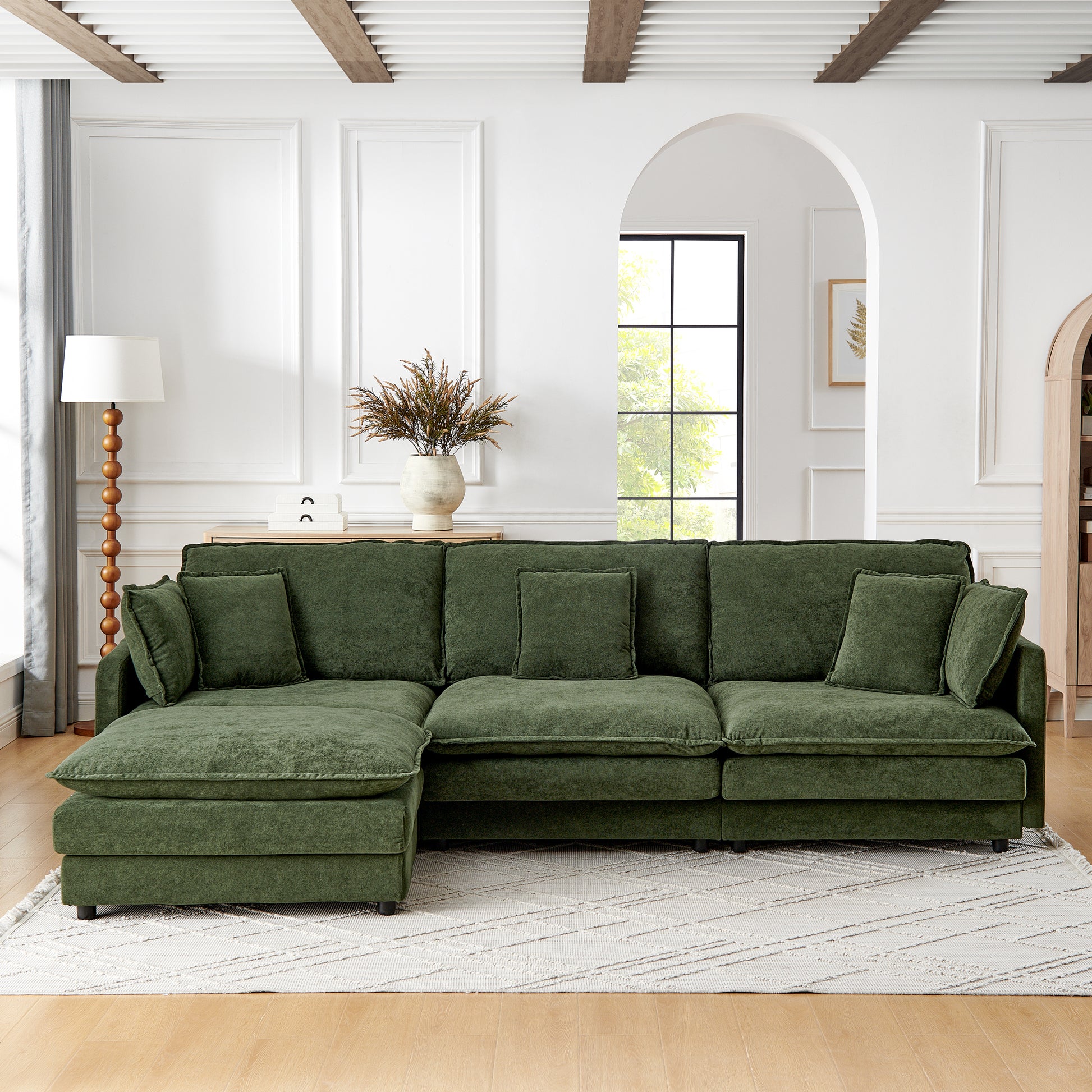 Modern Home Living Room L-Shaped Sectional Sofa Couches with Ottoman, Convertible Oversized 4 Seater Couch Towel Fabric, Green