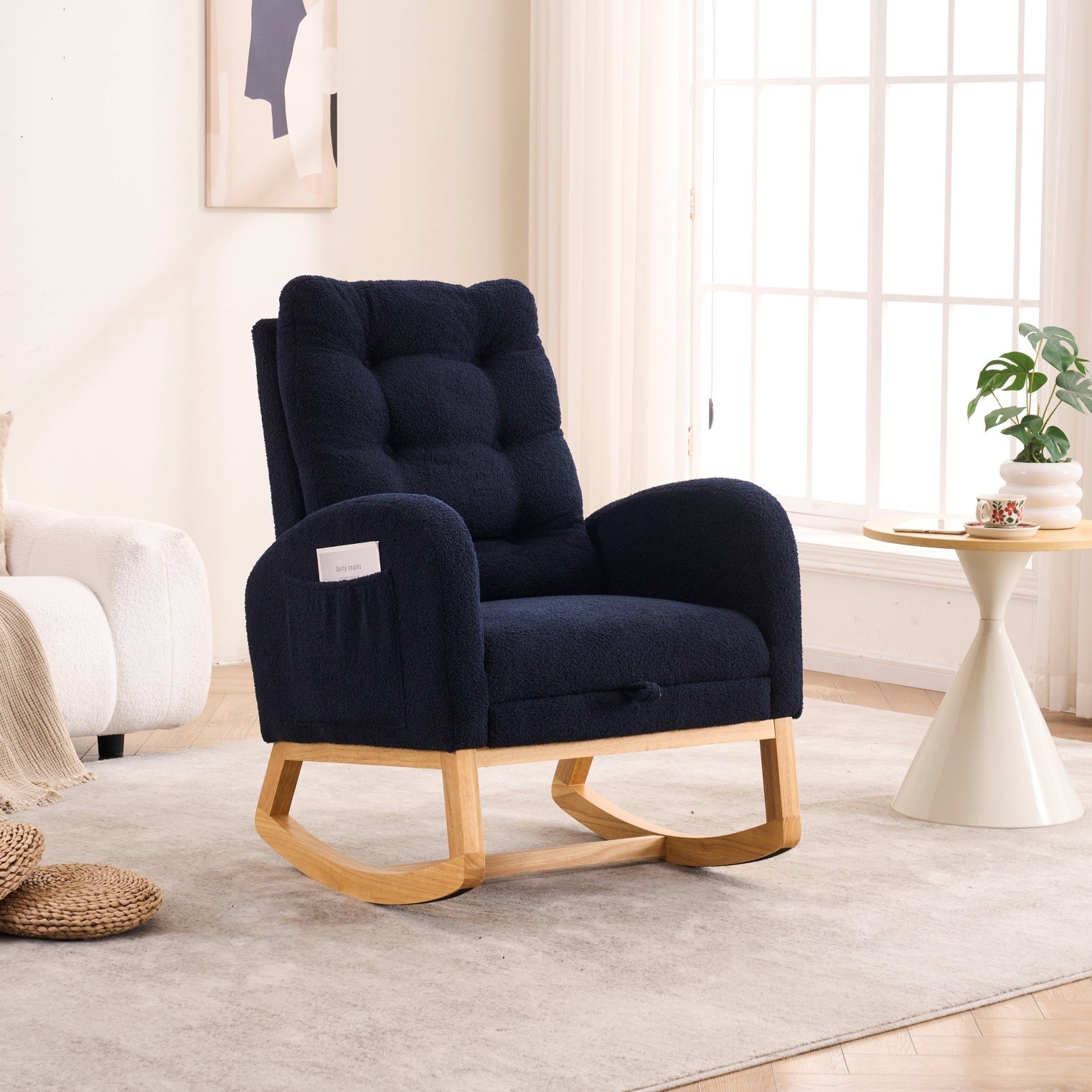 LY-5104 Accent Rocking Chair with Footrest & Storage Pocket, Deep Navy Blue High-Back Rocker, Rubber Wood Lounge Chair for Nursery Living Room, 38.36'W x 26.77'D x 39.76'H