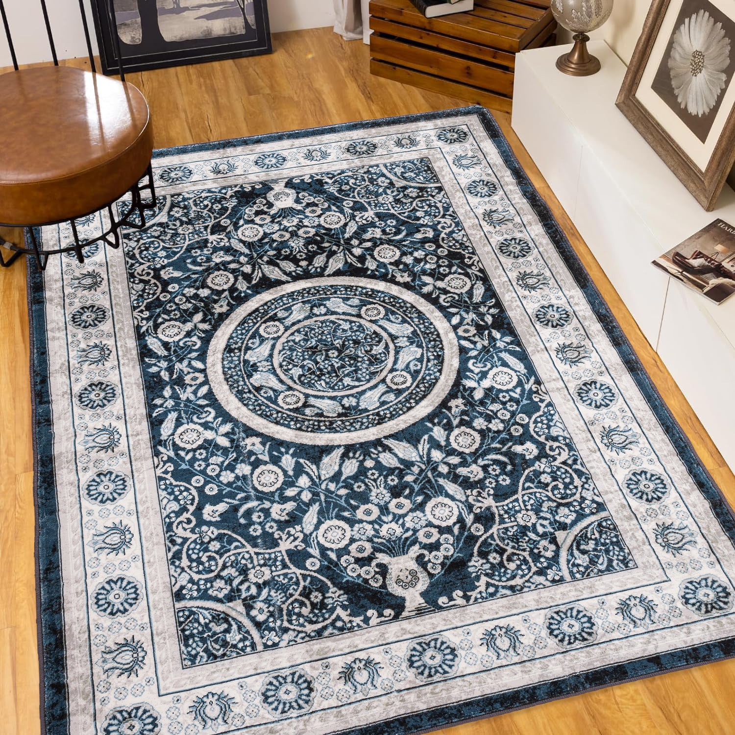 Area Rug 6x9 Vintage Bohemia Large Persian Non-slip Washable Rug For Living Room Kitchen Bedroom Living Room Flower Design Navy Blue